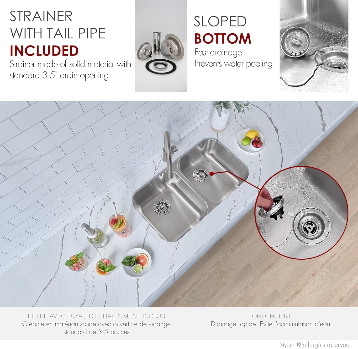 Stylish 31.25 x 18 Inch Drop in or Undermount Kitchen Sink with Sound Guard Padding 9 Inches Deep Double Bowl 18 Gauge Stainless Steel Sink with Standard Metal Strainer, S-200T