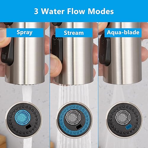 Miniatura 7 de DOLGABA Cabezal de rociador de repuesto para grifo de cocina, 3 modos, cabezal rociador extraíble con 9 adaptadores, níquel cepillado