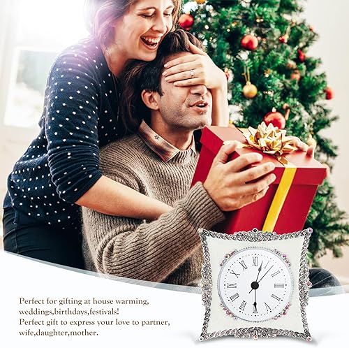 Miniatura 7 de KEYPOWER Reloj de mesa pequeño de cuarzo analógico de escritorio esmaltado con marco decorativo de diamante de cristal, para el hogar, dormitorio,