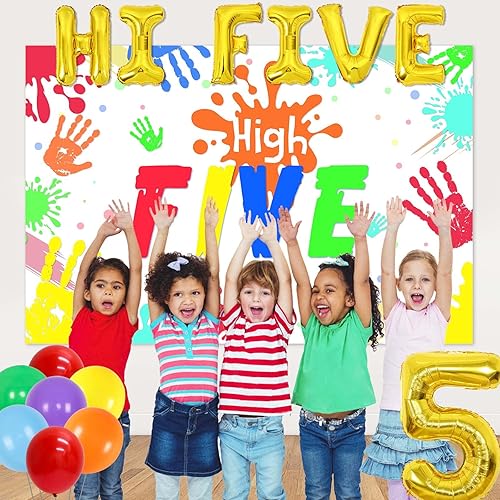 Miniatura 5 de Decoraciones de fiesta de cumpleaños Hi Five, decoraciones de fiesta de cumpleaños número 5 para niños y niñas, globos de arco iris, telón de fondo
