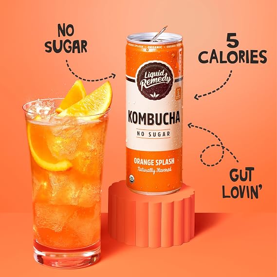 Liquid Remedy Kombucha Sugar Free Organic Drink, Low Calorie, Probiotic Like Tea for Gut Health - Orange Splash - 12 Fl Oz Can, 4-Pack