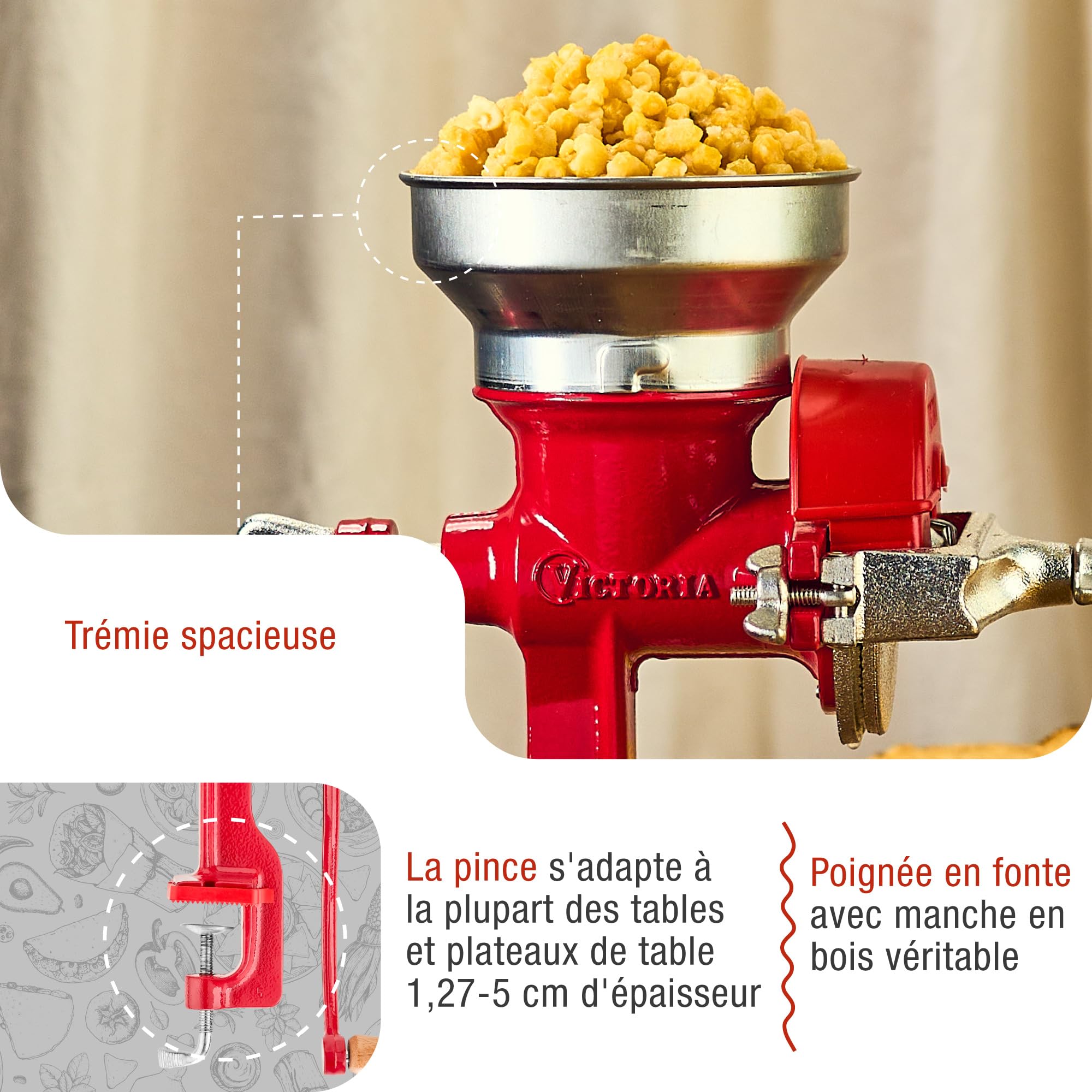 Victoria Moulin à Grains Manuel, Moulin à Main en Fonte pour Moudre le Café, le Maïs, l'Avoine, les Graines, Broyage Réglable, Trémie Basse, Grain Grinder avec Pince de Table, Rouge