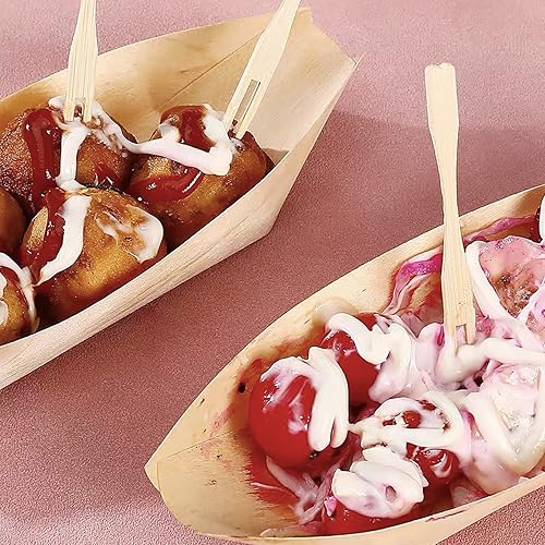 Miniatura 4 de 300 platos de madera desechables, diseño rústico, bandeja biodegradable para servir alimentos, platos de 5 pulgadas, para mini barco de sushi,