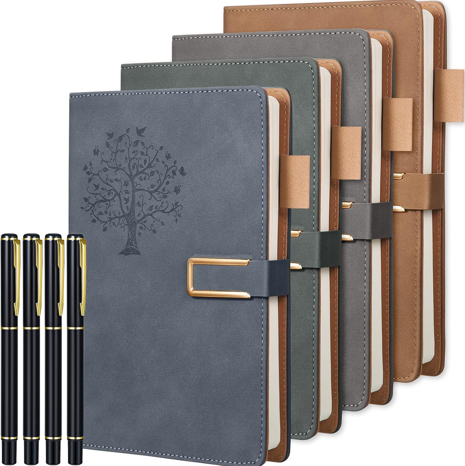 Mimorou 4 Sets Christian Journals Gift Tree Diary Notebook Pen Set Easter Mother's Day Refillable Travel Church Teacher Faux Leather for Women Men A5 Magnetic(Dark Green, Gray, Brown, Blue)