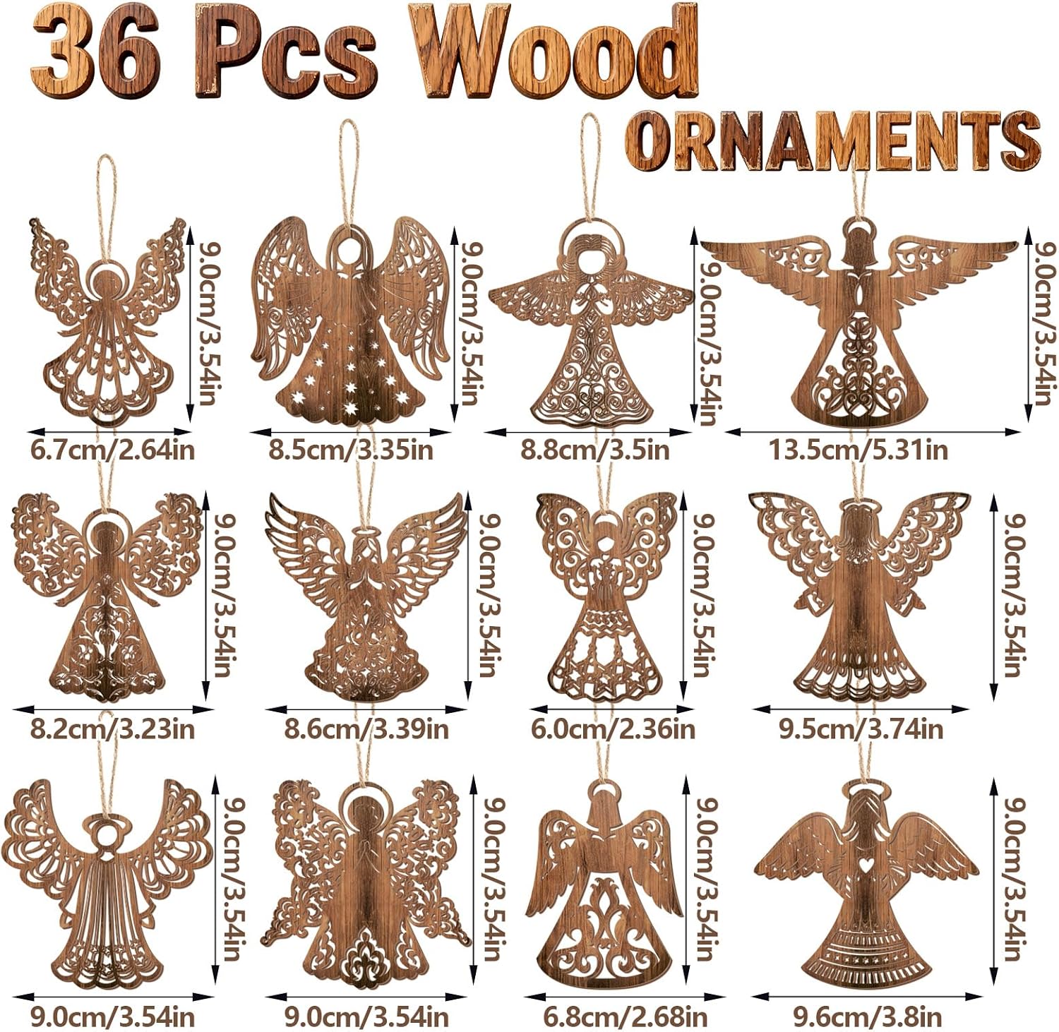 Qunclay 36 Pcs Christmas Angel Ornaments Wooden Angel Christmas Tree Decorations Rustic Xmas Religious Farmhouse Wood Hanging Ornaments for Tree Crafts Home Window Xmas Gift - Image 2