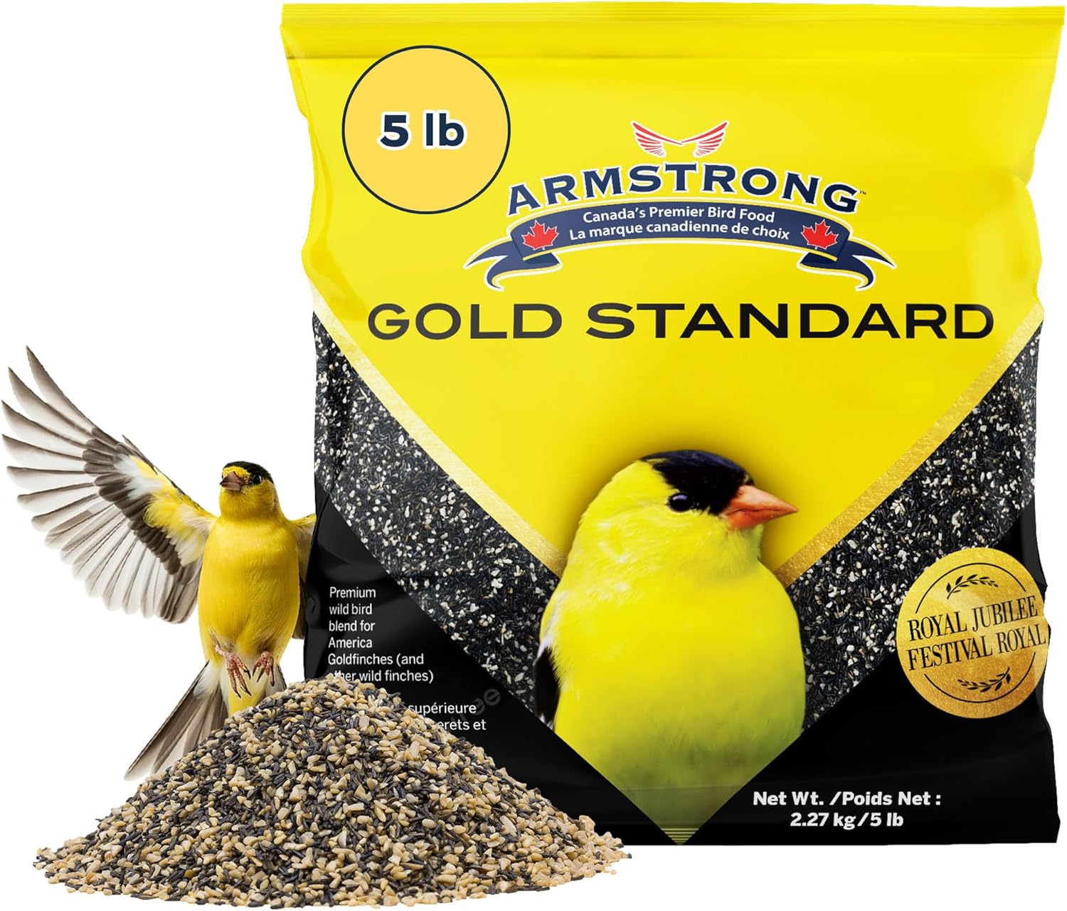 Armstrong Bird Food Royal Jubilee Gold Standard Blend, 5 Pounds - with Nyjer Seeds and Sunflower Kernels for American Goldfinches, Black Capped Chickadees and House Sparrows for Outside Feeders