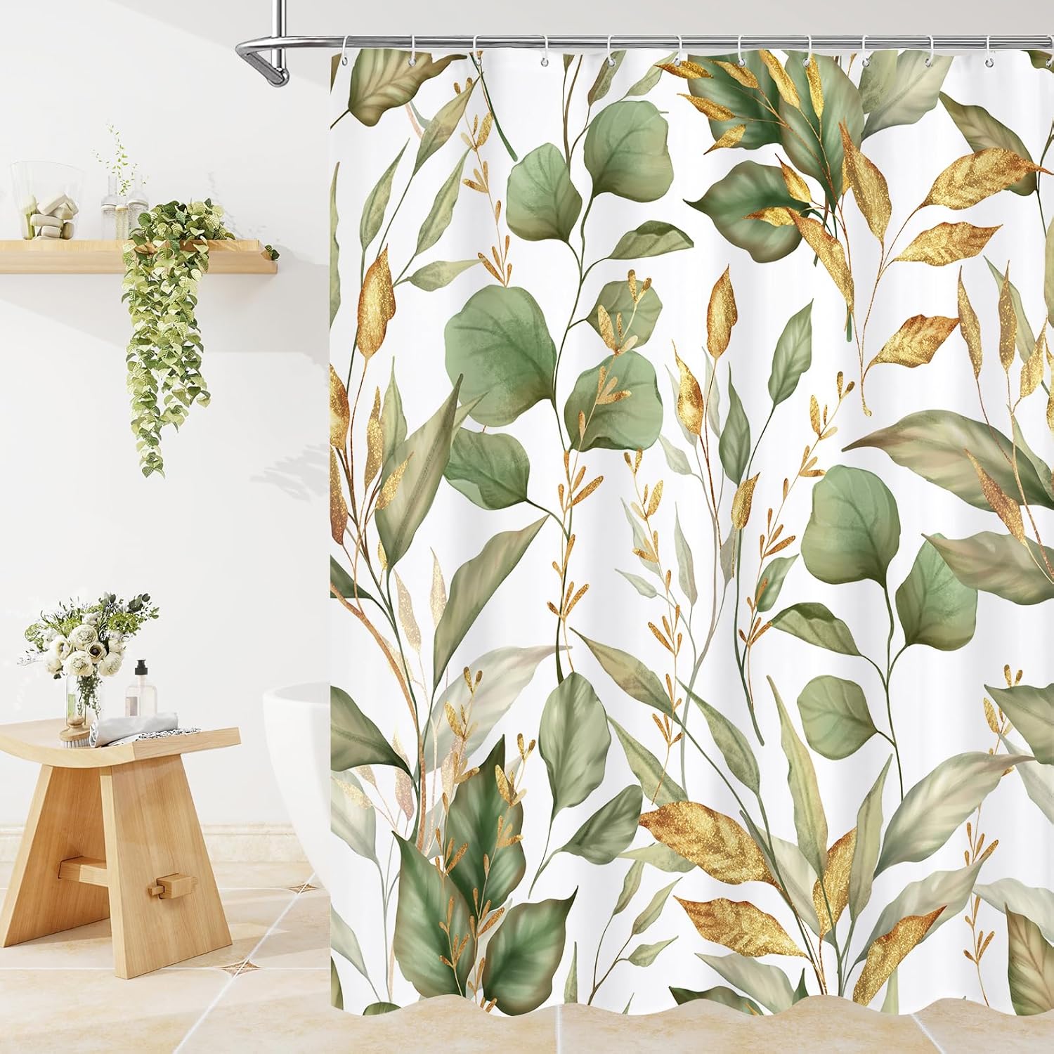 Litabel Dark Green Plant Shower Curtain, Botanical Leaves on White Background Natural Curtain Set for Aesthetic Bathroom Waterproof Odorless Fabric 72x72 inches, Hooks Included