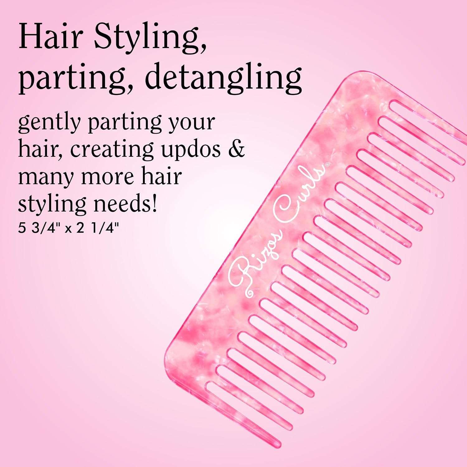 Rizos Curls Wide Tooth Shower Comb for Detangling, Parting & Styling, Gentle for all Hair Textures, Pink