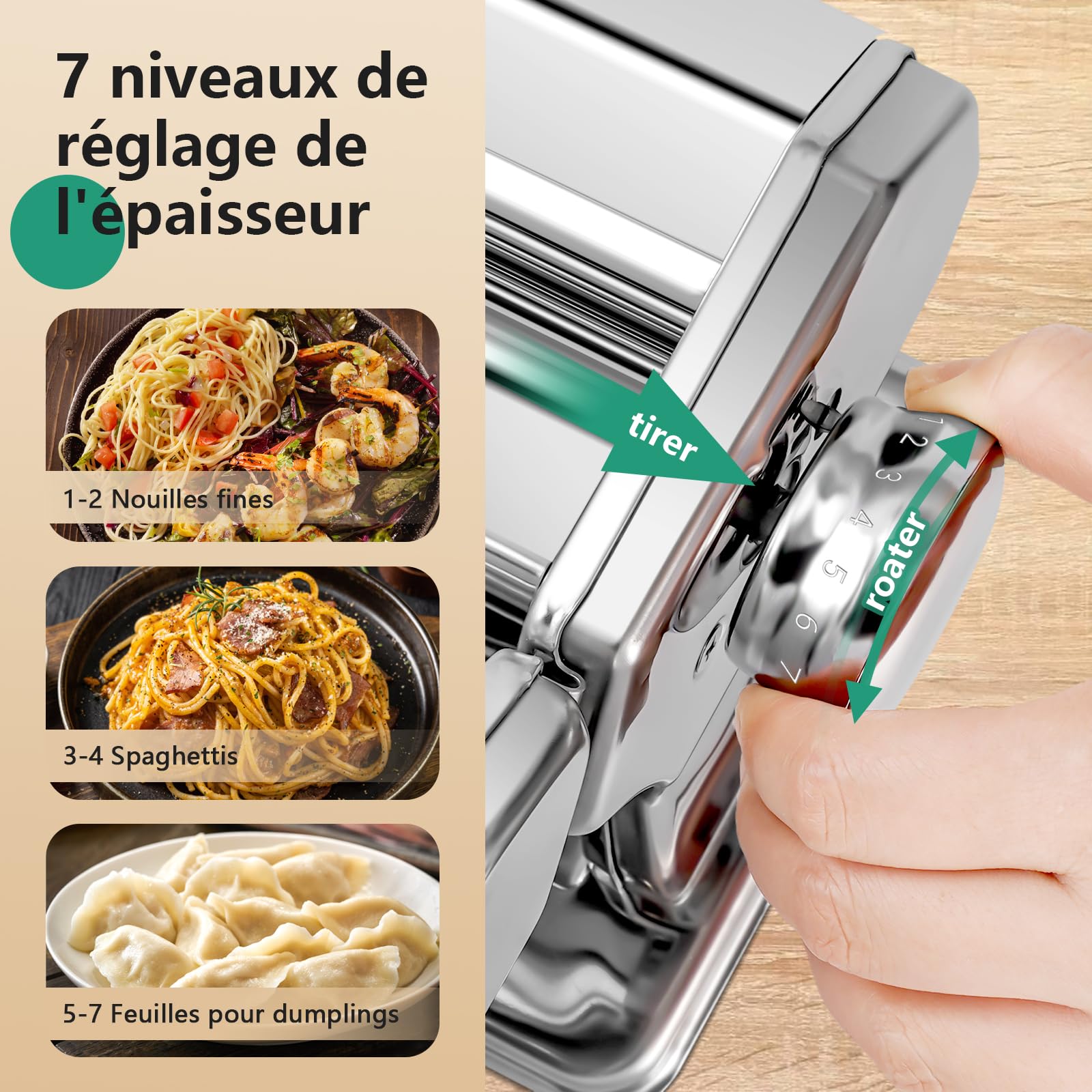 YASHE Machine à Pâtes Manuelle, 7 Épaisseurs Réglables, Machine à Pâtes en Acier Inoxydable avec Rouleau et Cutter, Machine à Pâtes Fraîches à Manivelle à la Main pour Spaghetti, Fettuccini, Lasagnes