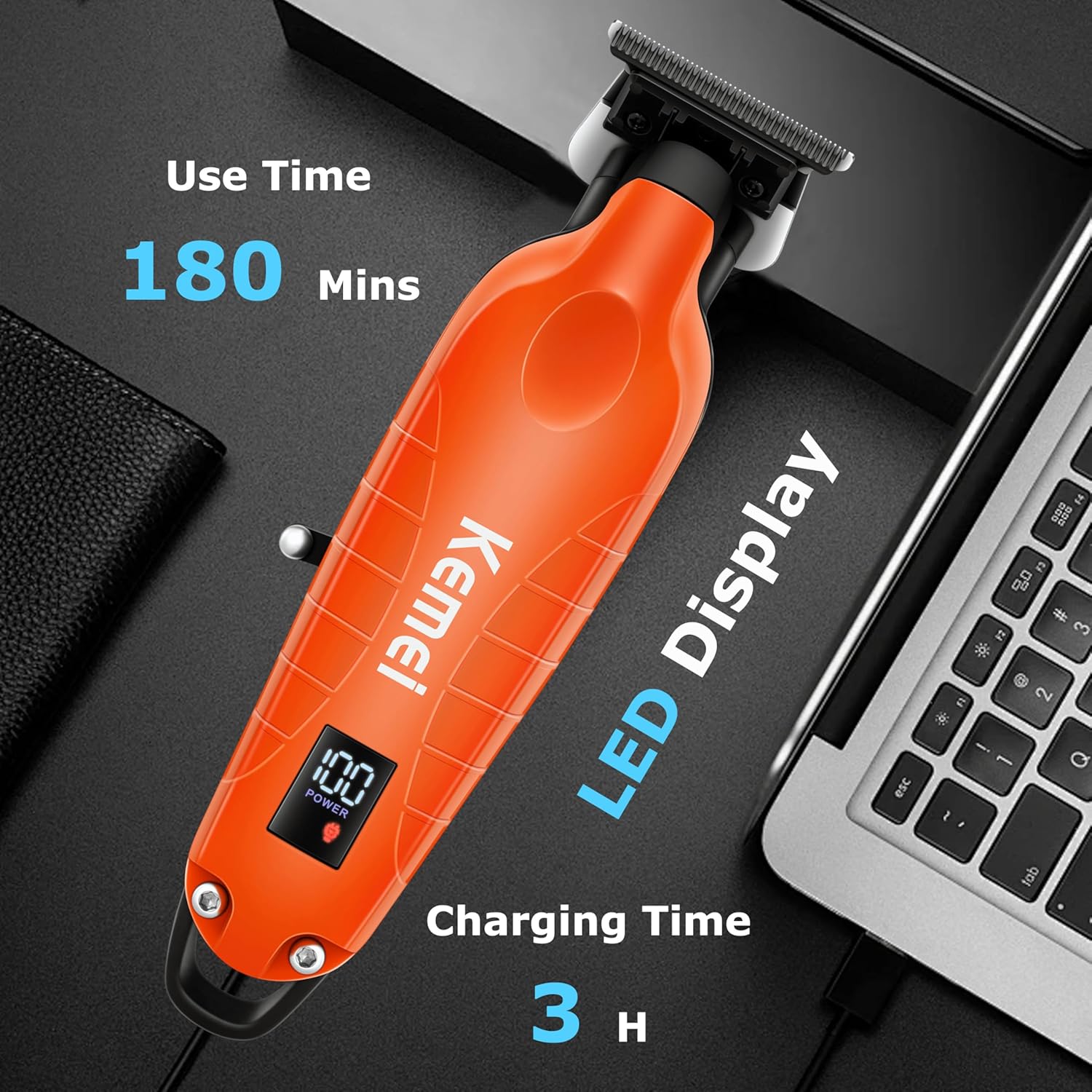 KEMEI 2293 Hair & Beard Trimmer for Men with LED Display, Zero Gapped Trimmers for Barbers, Cordless Hair Clippers with T Blade, Orange - Image 4