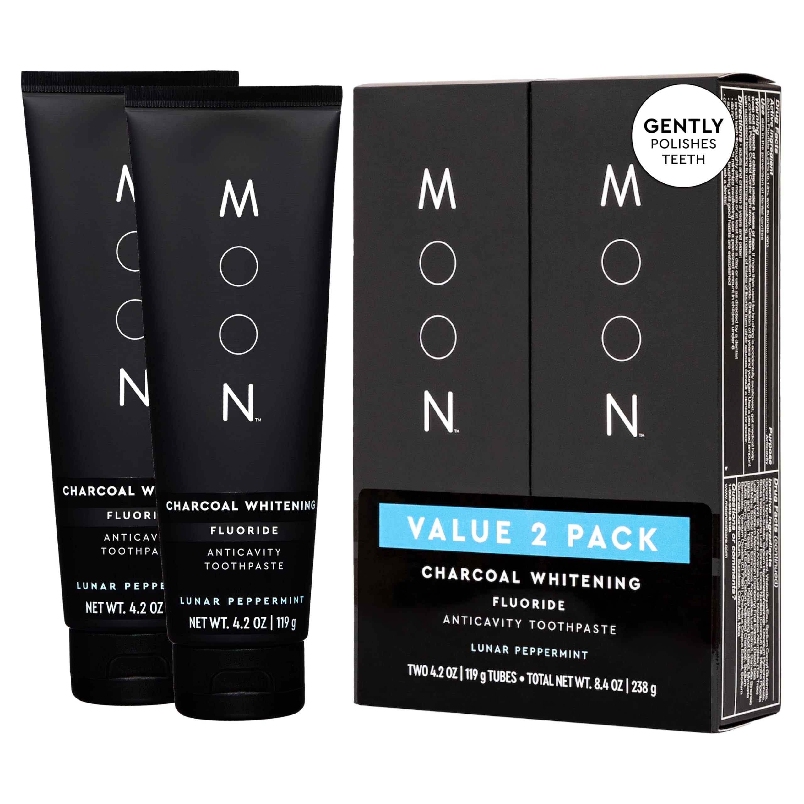 MOON Charcoal Whitening Stain Removal Toothpaste, Fluoride, Cavity Protection, Lunar Peppermint Flavor for Fresh Breath, for Adults (2 Pack)