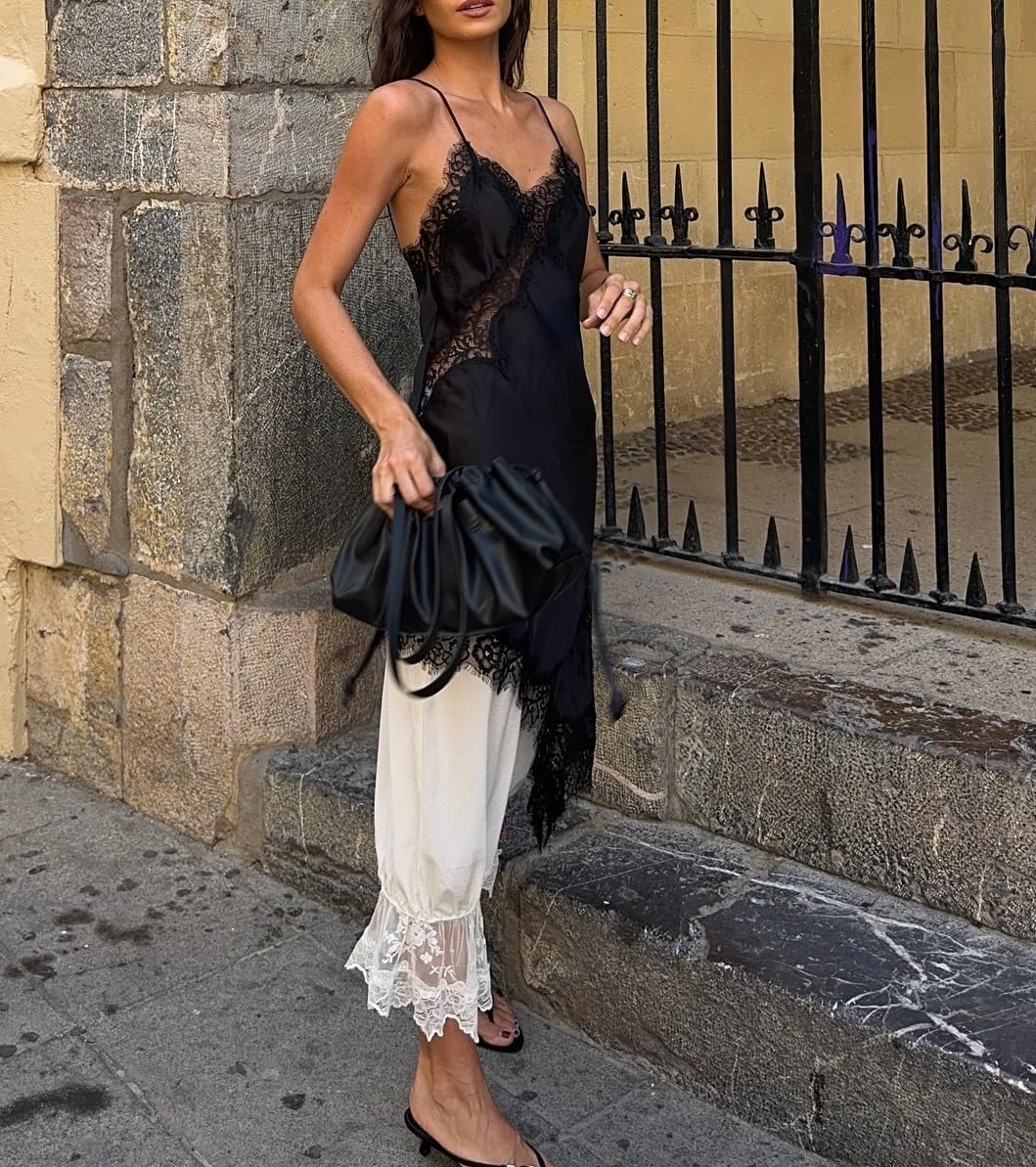 Women Lace Trim Satin Long Flowy Tank Tops Sleeveless Silk Camisole Tops Boho Spaghetti Strap Cami Layering Top - Image 4