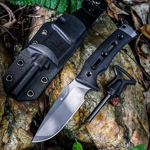 Miniatura 8 de HX OUTDOORS Cuchillo de hoja fija con arrancador de fuego, cuchillos tácticos de espiga completa de acero DC53 prémium para hombres, cuchillo de