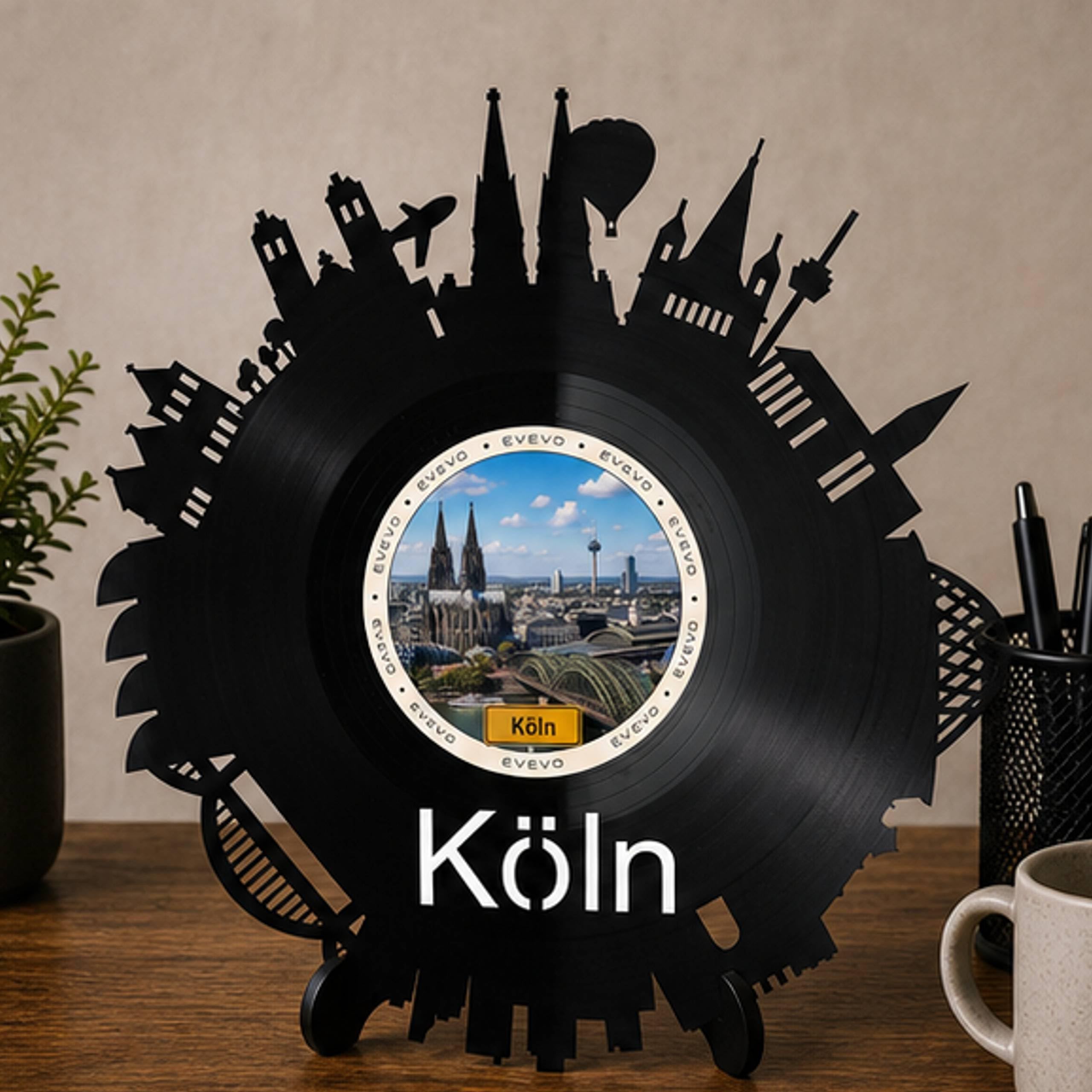EVEVO Decorazione da parete a forma di disco di Colonia – Decorazione da parete in vinile con skyline del Reno, regalo per gli appassionati di Colonia, Dom Hohenzollerbrücke D0062