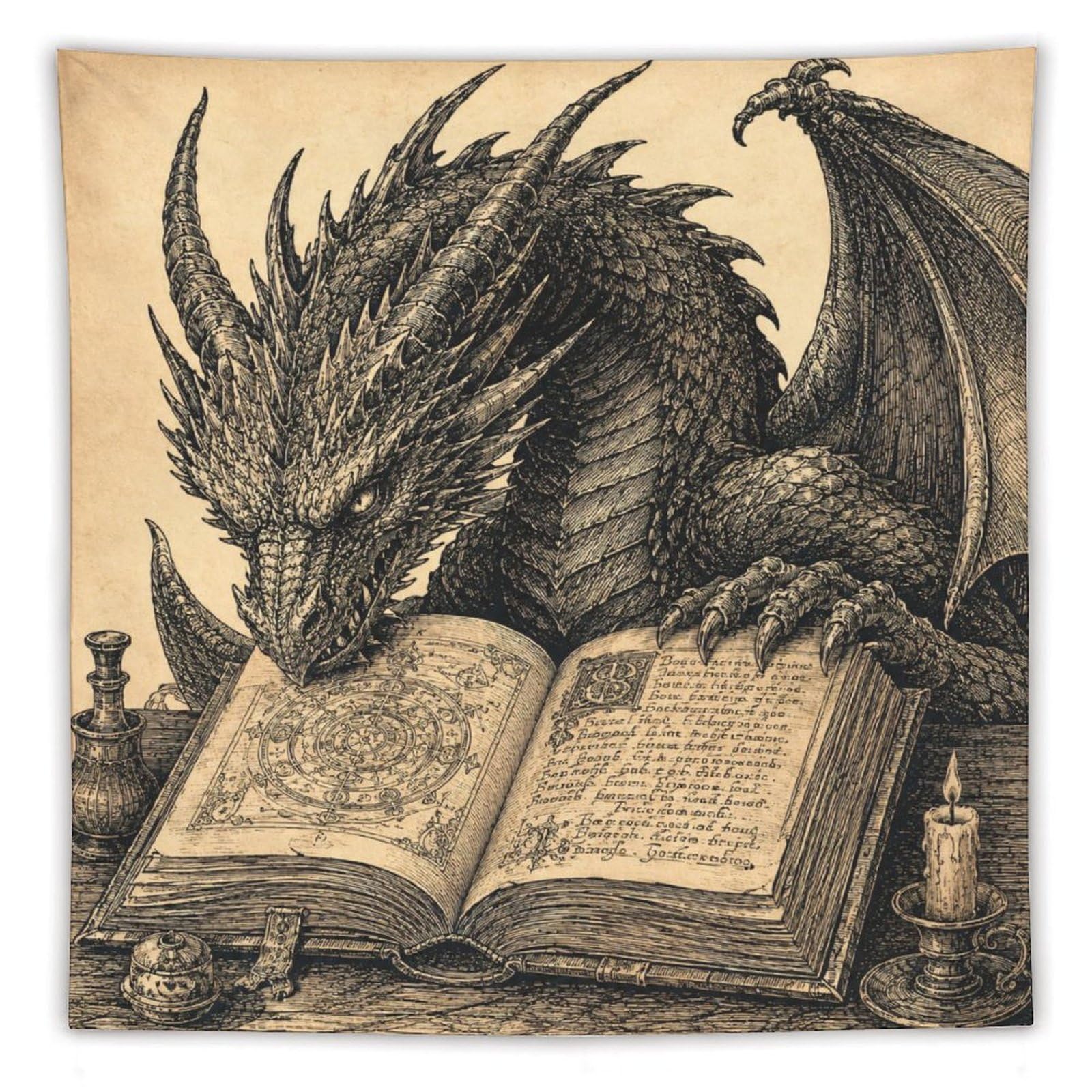 W7C8U2X3 Dragon Reading Book Wall Tapestry, Surrealist Style, Office
