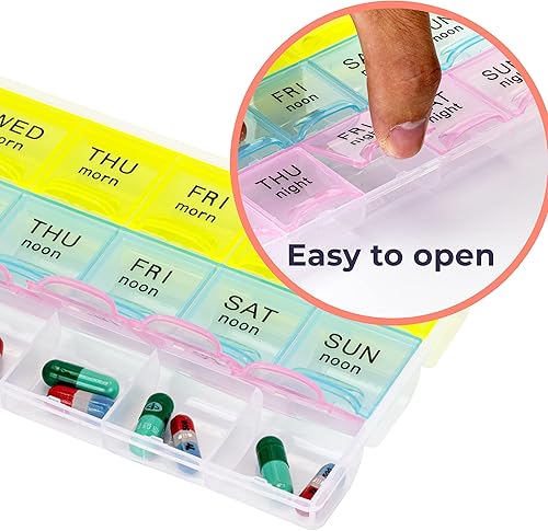 Miniatura 4 de Paquete de 3 pastillas organizador 3 veces al día, organizador semanal de medicamentos, pastillero grande de 7 días, pastillero clasificador,