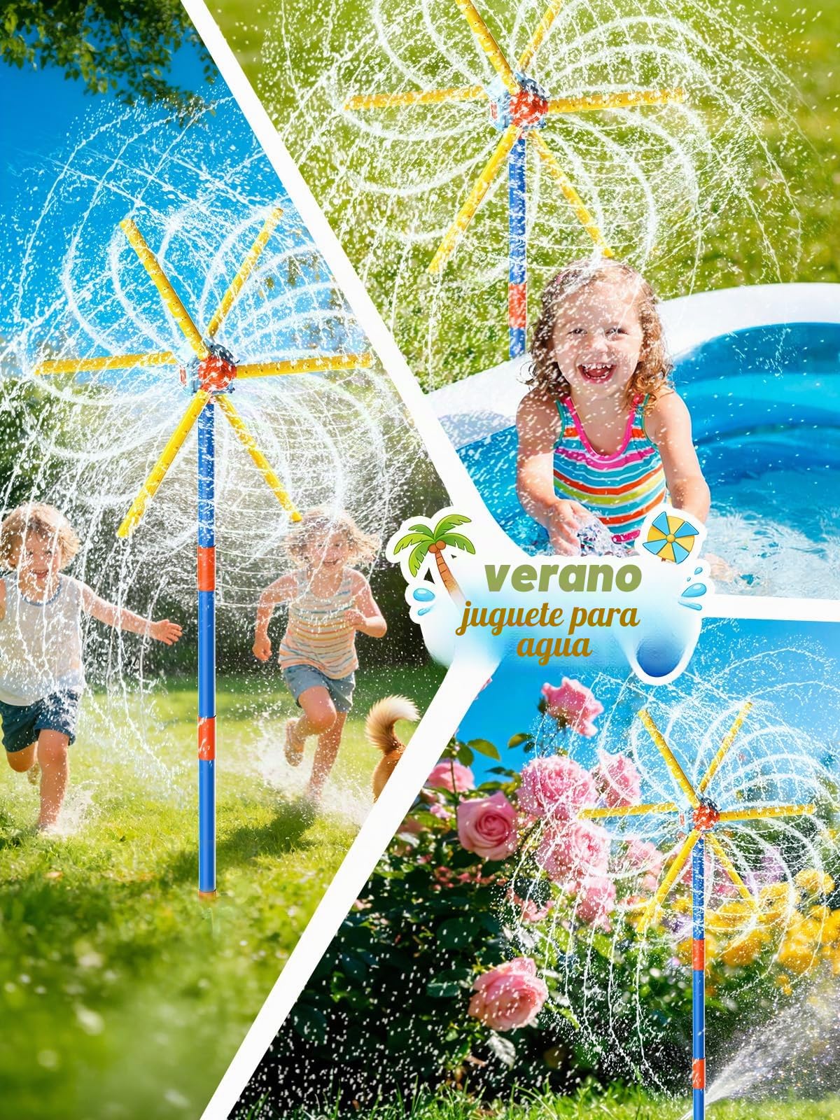 TERRAMUS Aspersor de agua con molinete de 59 pulgadas para niños, juguetes de verano, juguete de agua giratorio de 360°, doble cara mejorado con 6 aspas, juegos de jardín al aire libre, diversión de
