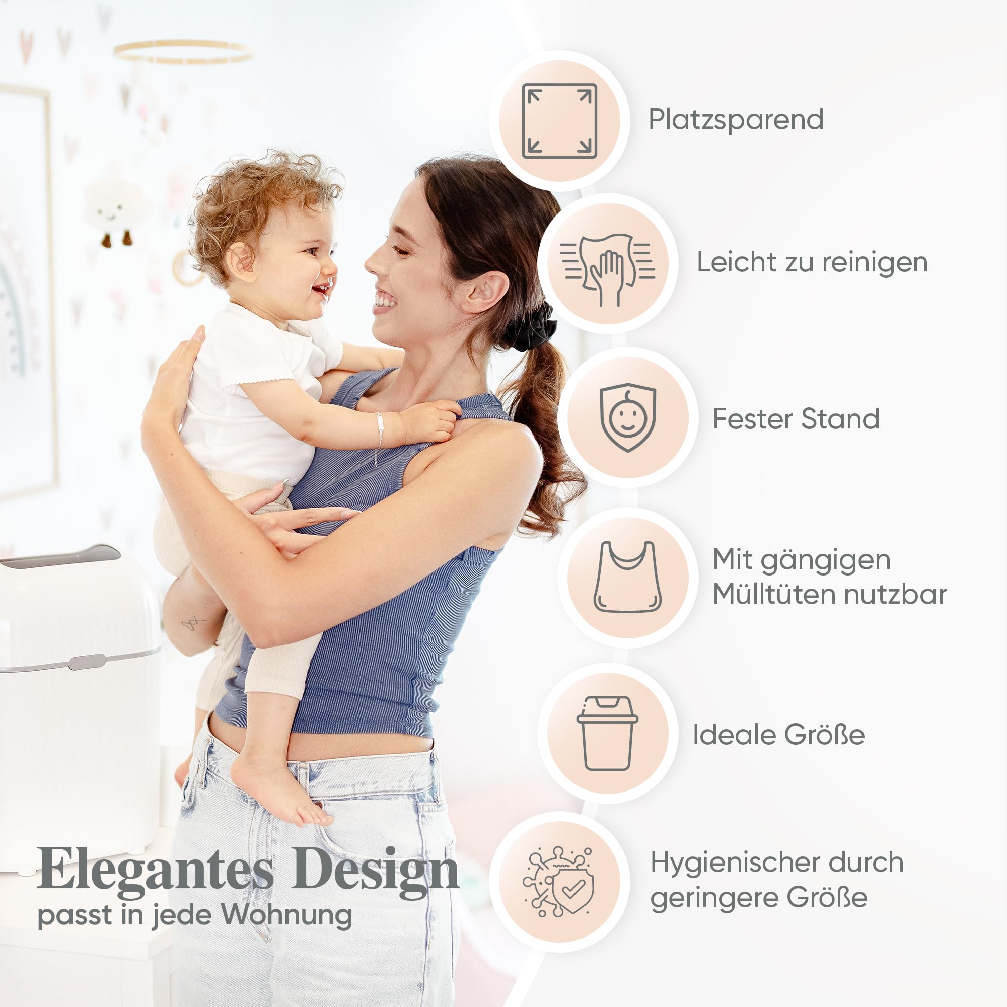 Windeleimer Geruchsdicht 9L I Kleiner Wickeltisch Windel Mülleimer - Windelmülleimer ohne Nachfüllkassetten | Geruchsdichter Wickeleimer Diaper Bin [Neuer verbesserter Drehmechanismus]