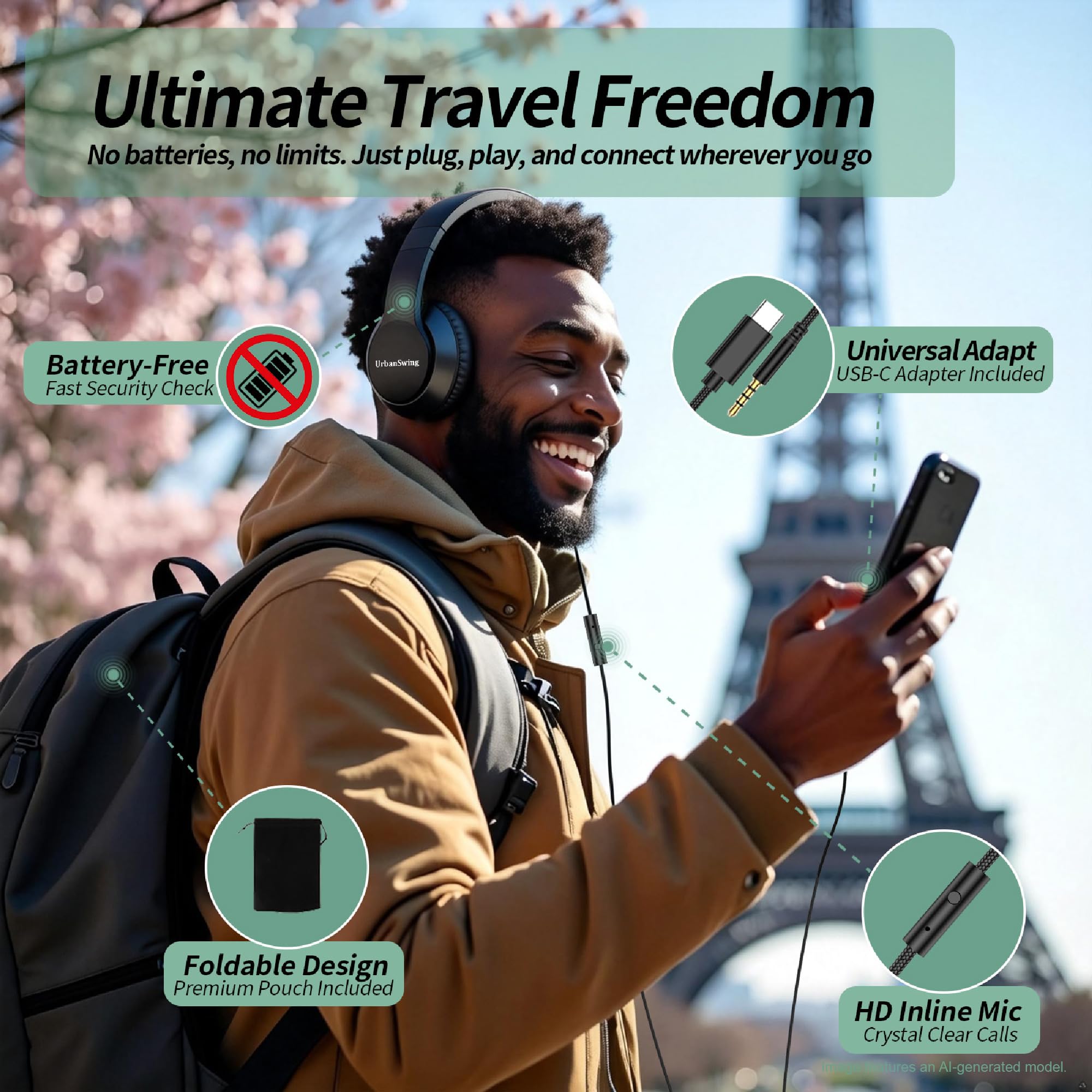 URBAN SWING W2 Słuchawki USB C, przewodowe nauszne, adapter AUX Plus USB-C 3,5 mm, przewodowy zestaw słuchawkowy z mikrofonem, wytrzymały, bardzo długi kabel o długości 1,5 m, do konsol do gier