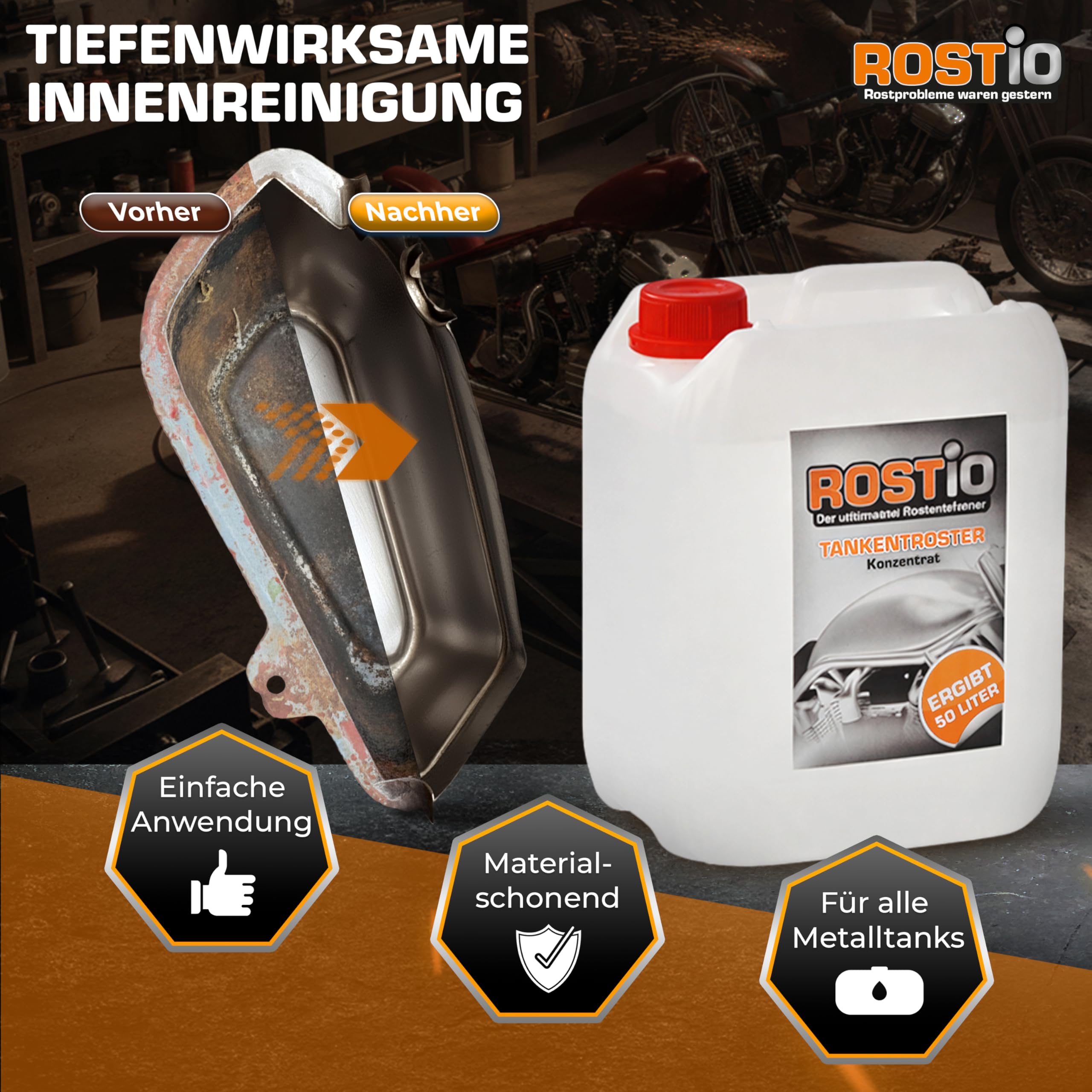 Rostio Tankentroster 5L – Konzentrat zur vollständigen Entrostung von Metalltanks – 1:10 verdünnbar – entfernt Rost zu 100% – für Tanks bis 50L – porentiefe Reinigung & Vorbereitung für Versiegelung