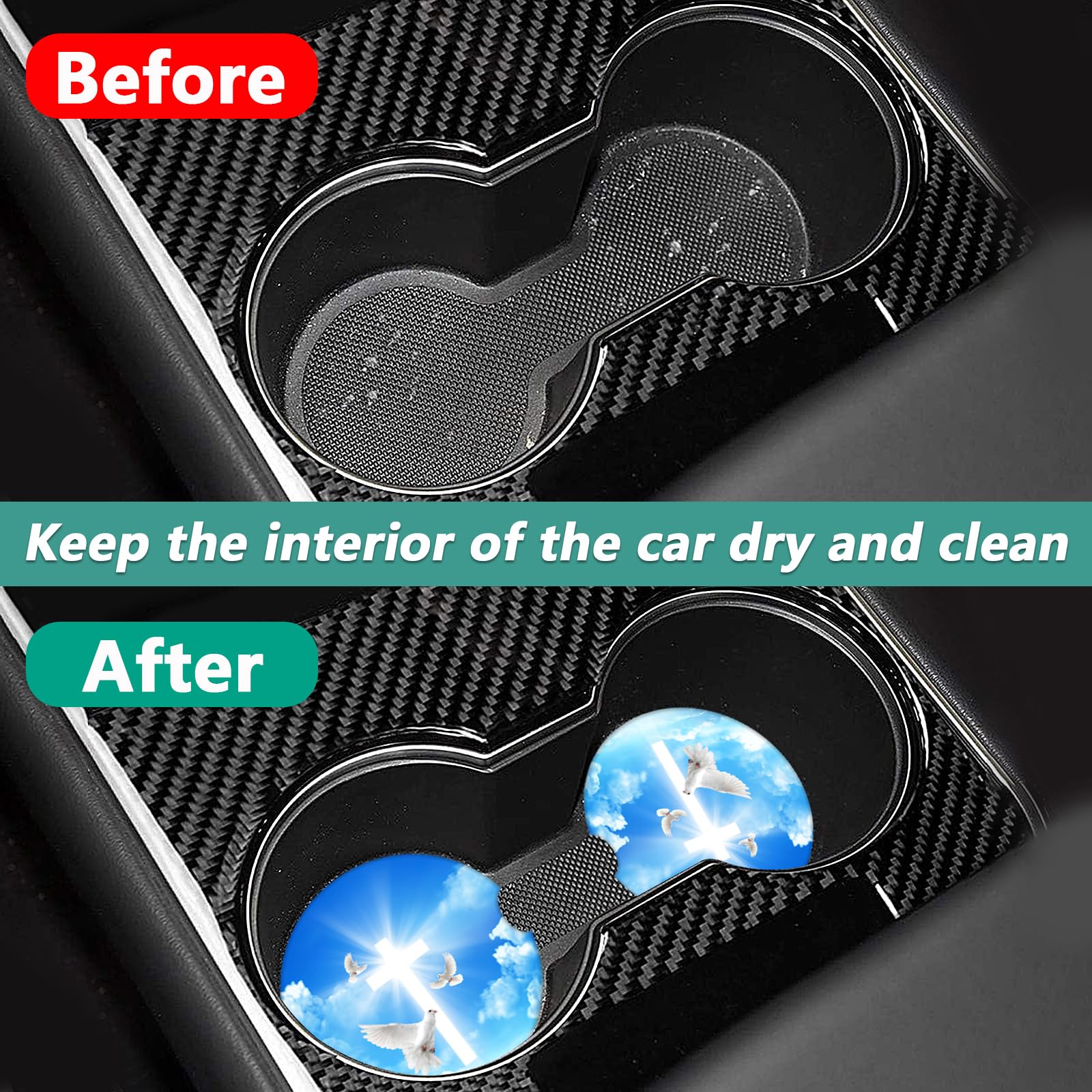 2 Pack Blessed Car Cup Holder Coasters - Cross Heaven Absorbent Ceramic Coaster Car Coasters for Cup Holders — view 4