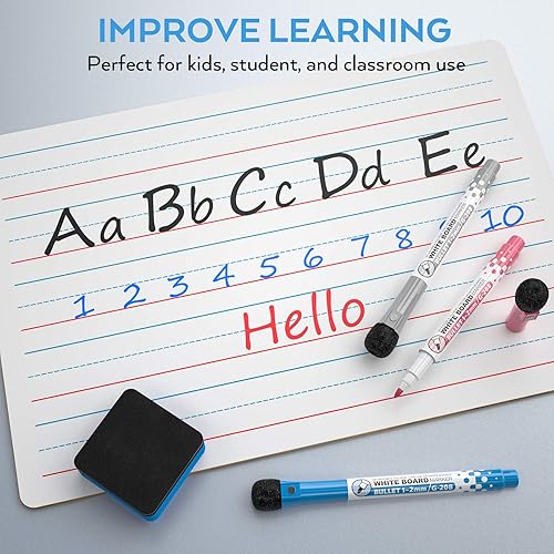 Miniatura 5 de Nicpro Pizarra de borrado en seco de regazo 9 x 12 pulgadas, paquete de 2 pizarras para niños con doble cara, pequeña, rayada y en blanco, con 8