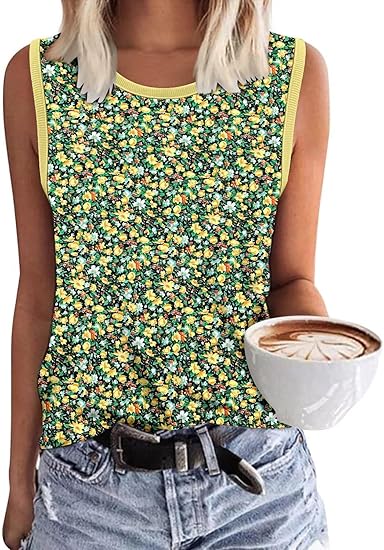 KISSMODA Womens Flora Print Tank Tops Ribbed Summer Shirt Sleeveless Summer Casual Women Blouses(S-3XL)
