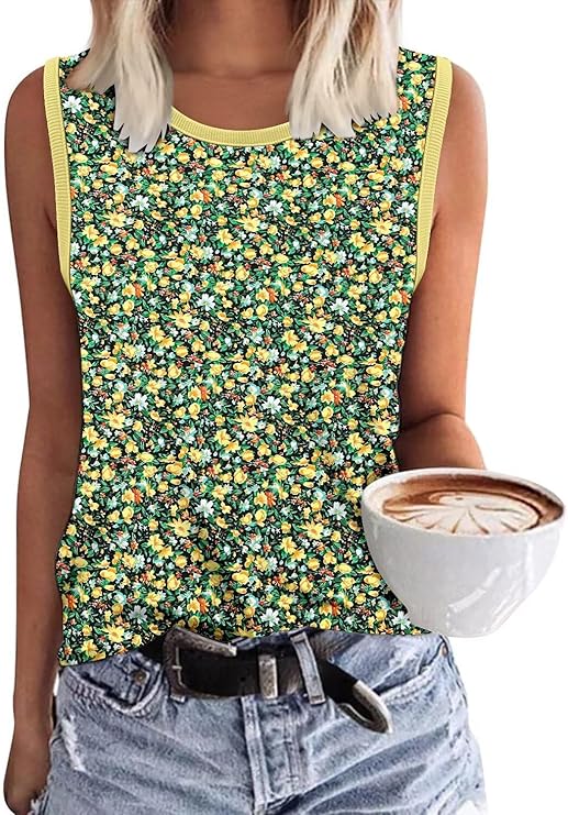 KISSMODA Womens Flora Print Tank Tops Ribbed Summer Shirt Sleeveless Summer Casual Women Blouses(S-3XL)