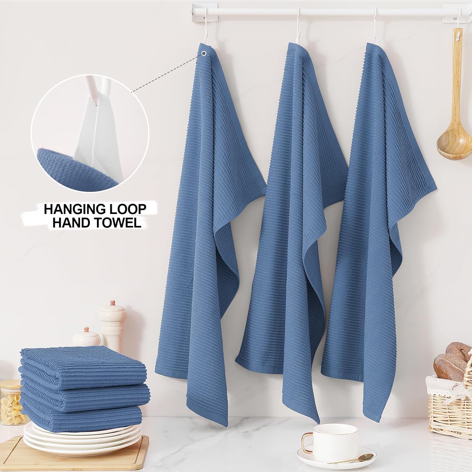 Homaxy Premium Kitchen Towels (18"x 28", 6 Pack), Large 100% Cotton Kitchen Hand Towels, Ultra Absorbent Ribbed Terry Tea Towels Set with Hanging Loop, Navy Blue - Image 4