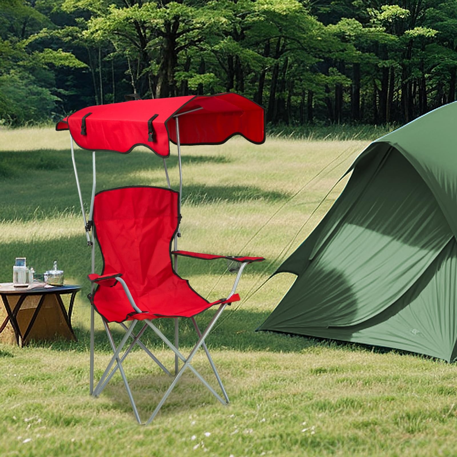 Kedia Chaise de Camping Pliante avec Toit Parasol, Porte-Boisson, Chaise de Pêche pour Camping Pêche Excursion Plage (Rouge)