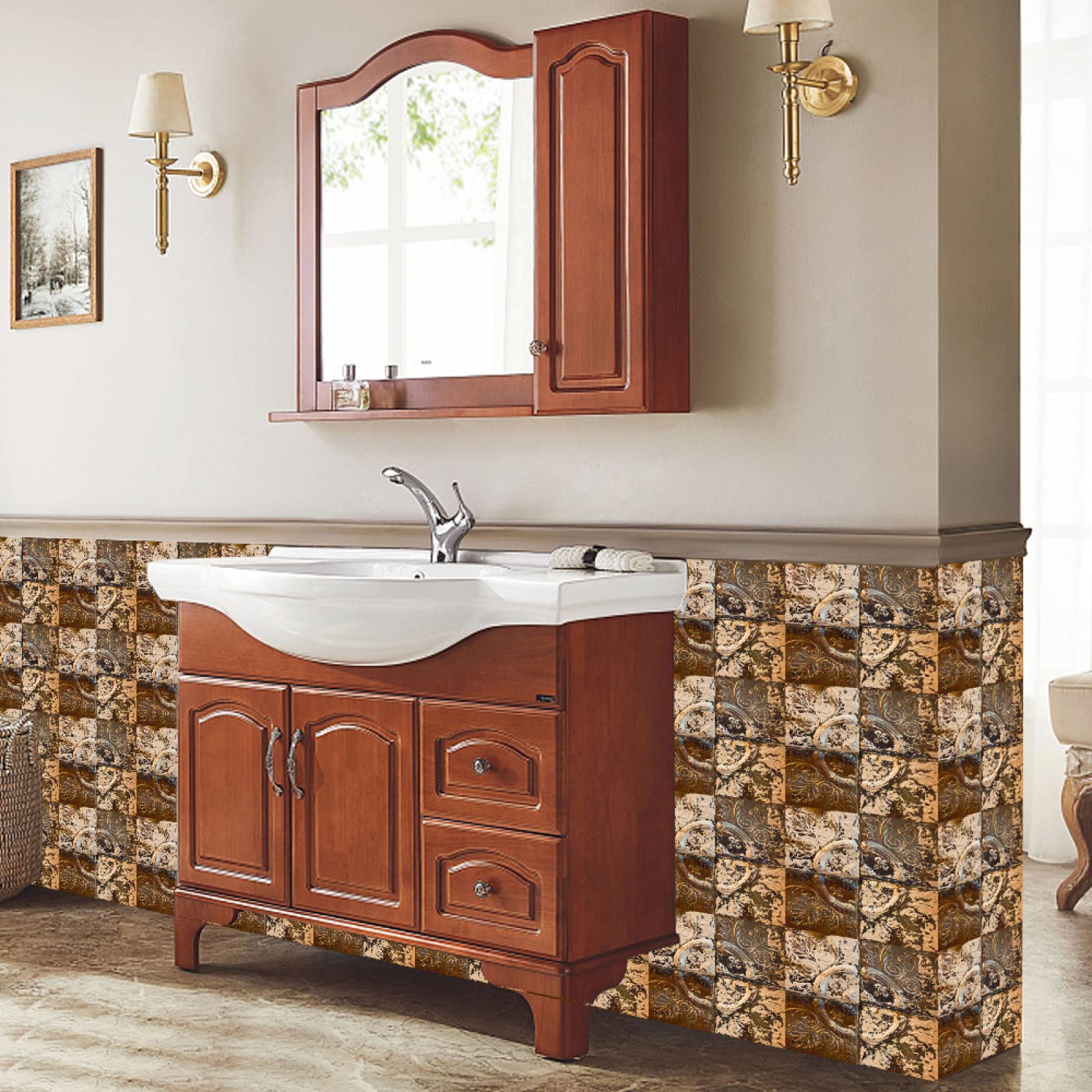 Piastrelle Adesive In PVC Per Cucina E Bagno – Stile Retro Marrone/rosso, Facili Da Applicare