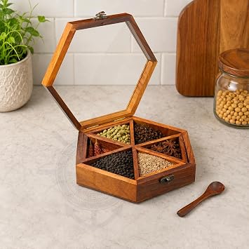 6 Sided Hexagonal Wooden Storage Spice Masala Box | Kitchen Desk Organizer & Storage Solution | Restaurant Container For Sugar/Tea/Dry Fruits | Occasional & Housewarming Gifts Ideas