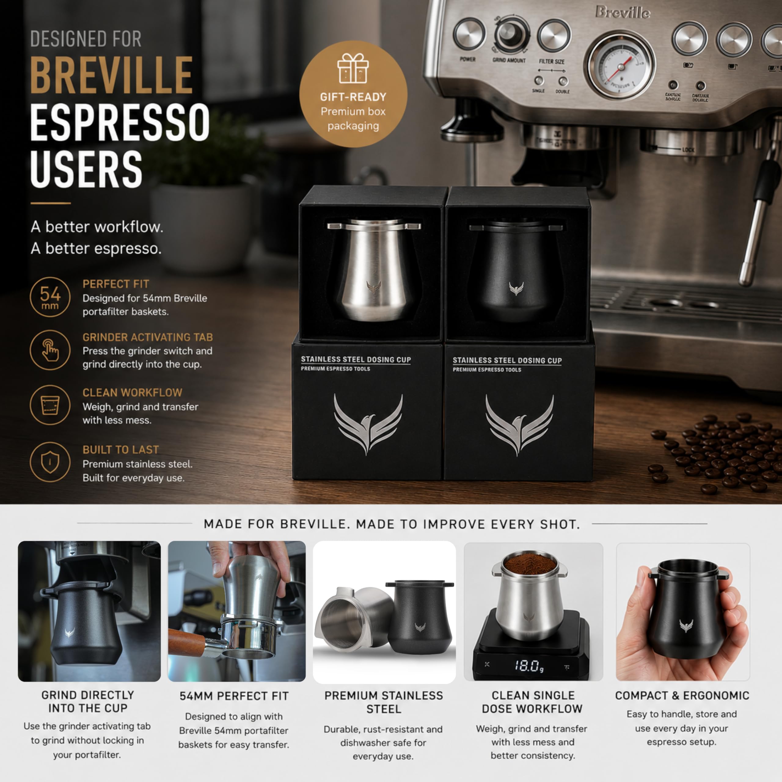 Amazon.com: KNODOS Stainless Steel 54 mm Coffee Bean Dosing Cup for Breville  Barista Express, Pro, Touch & Bambino  Espresso Dosing Cup with  GrinderActivating Tab: Home & Kitchen