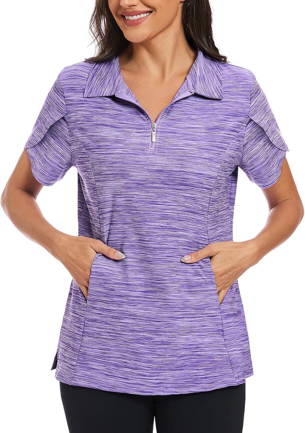 Viracy Womens Golf Polo Shirt with Pockets 1/4 Zip Up Overlap Short Sleeve Lightweight Quick Dry Tennis Tops