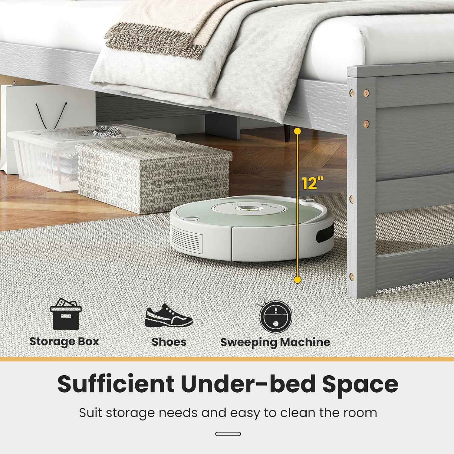 DORTALA Twin Bed Frame with LED Light & Charging Station, Solid Wood Platform Bed with Storage Headboard, Smart LED Bed Frame with Slats Support, Under-Bed Space, No Box Spring Needed (Grey)