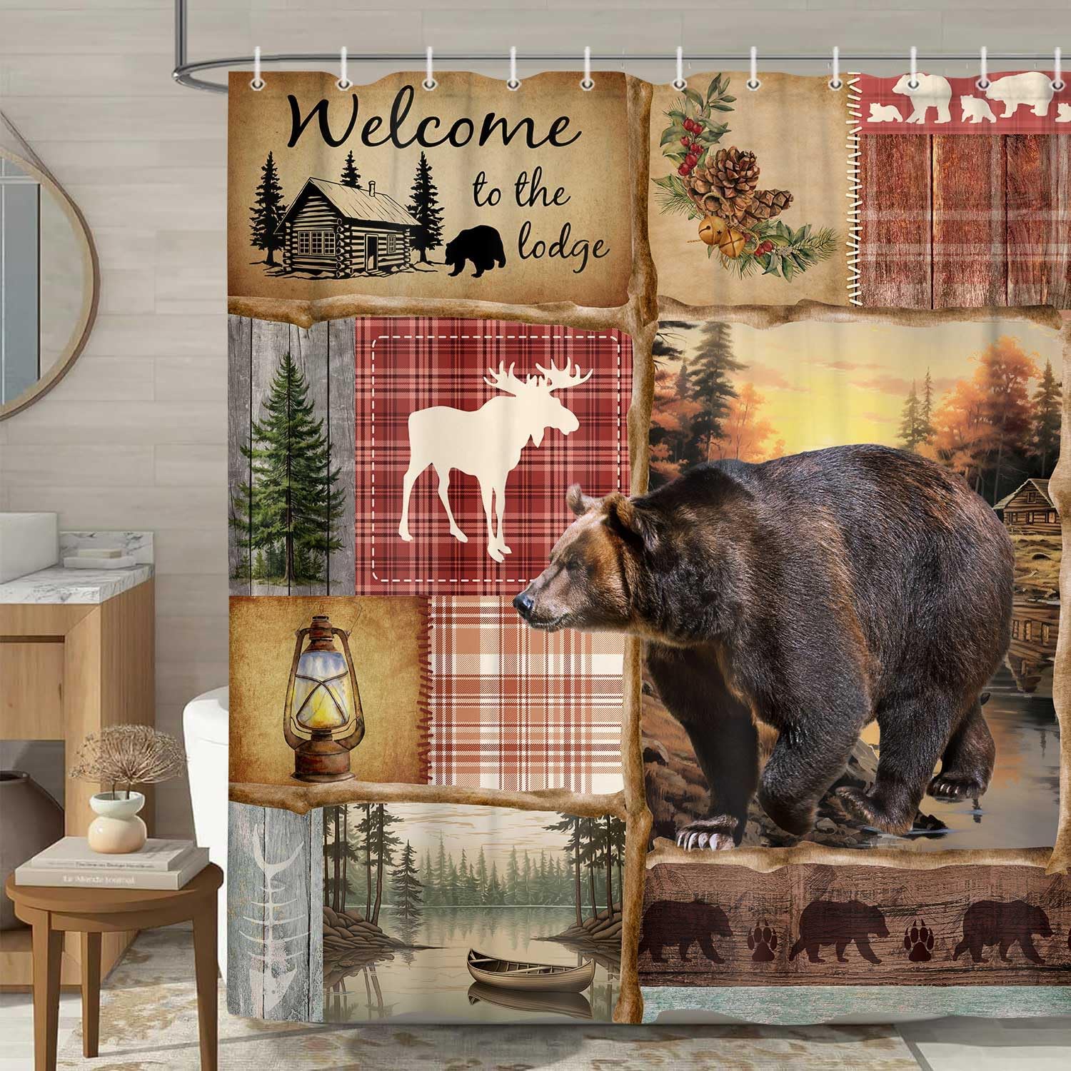 JAWO Rustic Cabin Shower Curtain, Farmhouse Country Antique Bear Moose Forest Vintage Wood Decor Bath Curtain Set，Hunting Camping Fabric Bathroom Shower Curtain, with 12PCS Hooks, 70X75IN