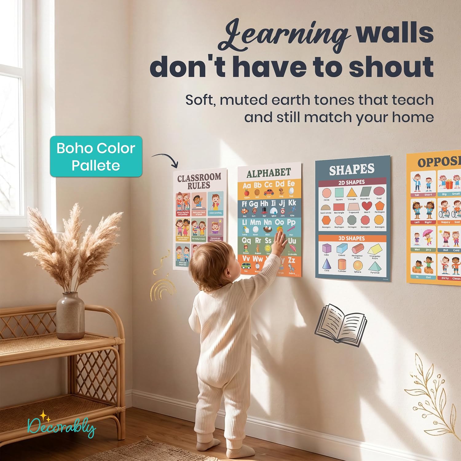 Decorably 20 Boho Educational Posters for Toddlers 1-5, 11x17in image 4