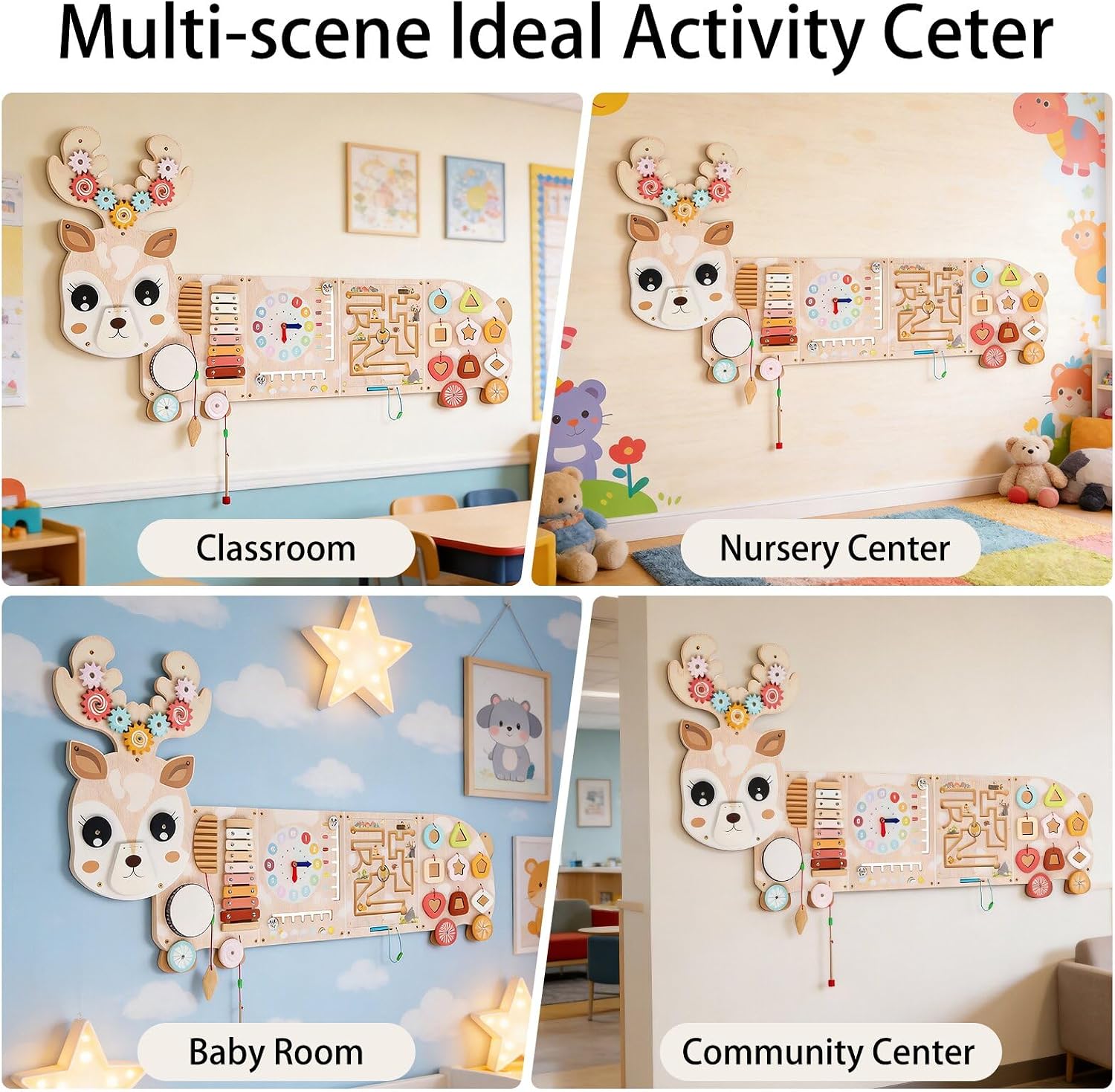 Reindeer Activity Wall Busy Board Panels,12-in-1 Wooden Sensory Wall Panel for Kids, Wooden Montessori Learning Activity Center Sensory Toys for Playroom, Preschool, Daycare, Nursery, Classroom