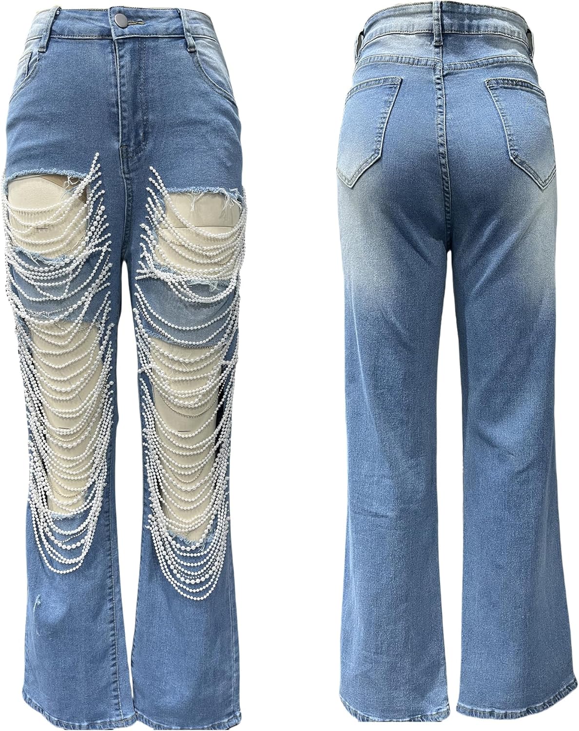 NRTHYE Womens High Waist Ripped Jeans Sexy Pearl Chains Rhinestones Straight Leg Stretch Distressed Denim Pants - Image 5