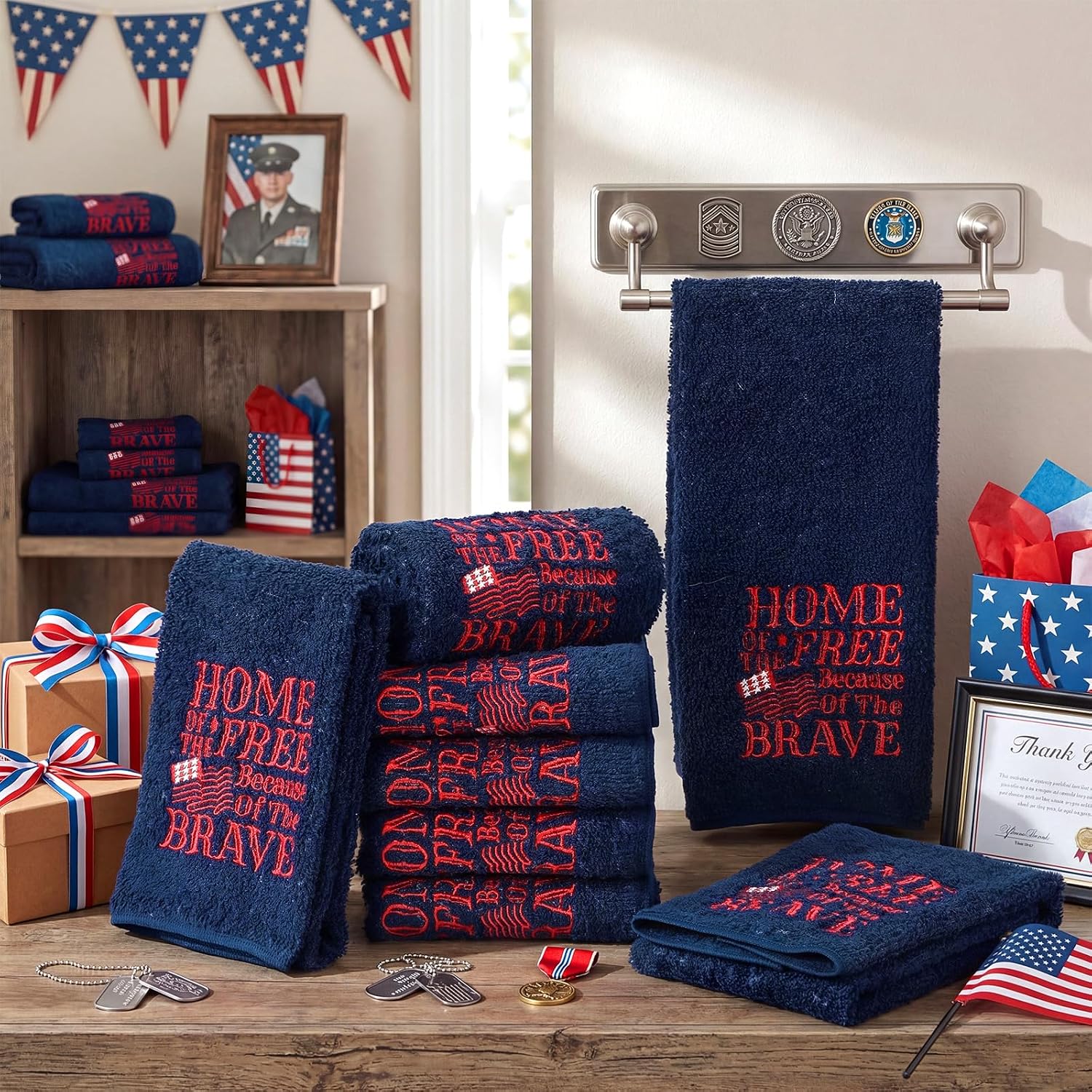 HunnmingRe 50 Pcs Father's Day Towels Bulk 12 x 24 Inch Soft Absorbent Navy Blue Hand Towel 250th Patriotic Towels Gifts for Women Men Veteran Army Soldier Armed Forces Military Spouse