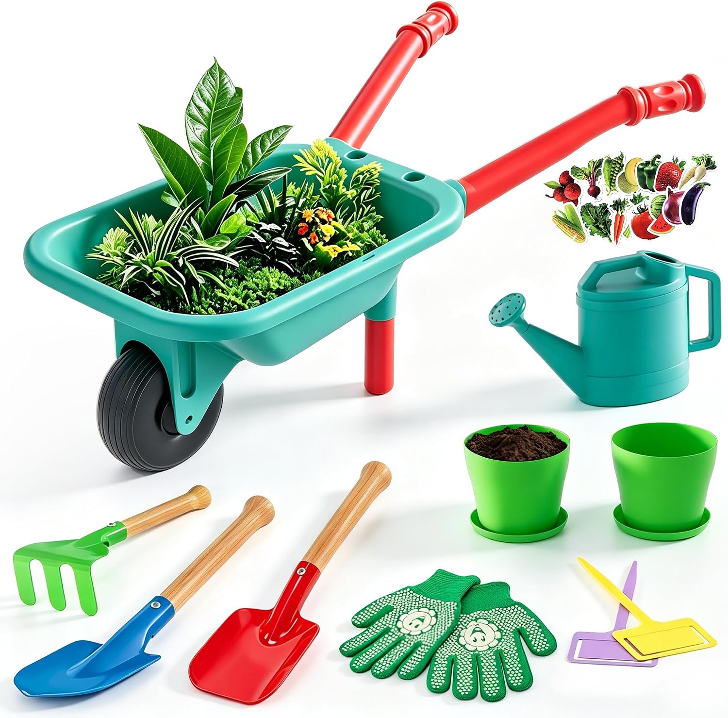 Kids Gardening Set with Wheelbarrow, Real Metal Tools for Outdoor Play