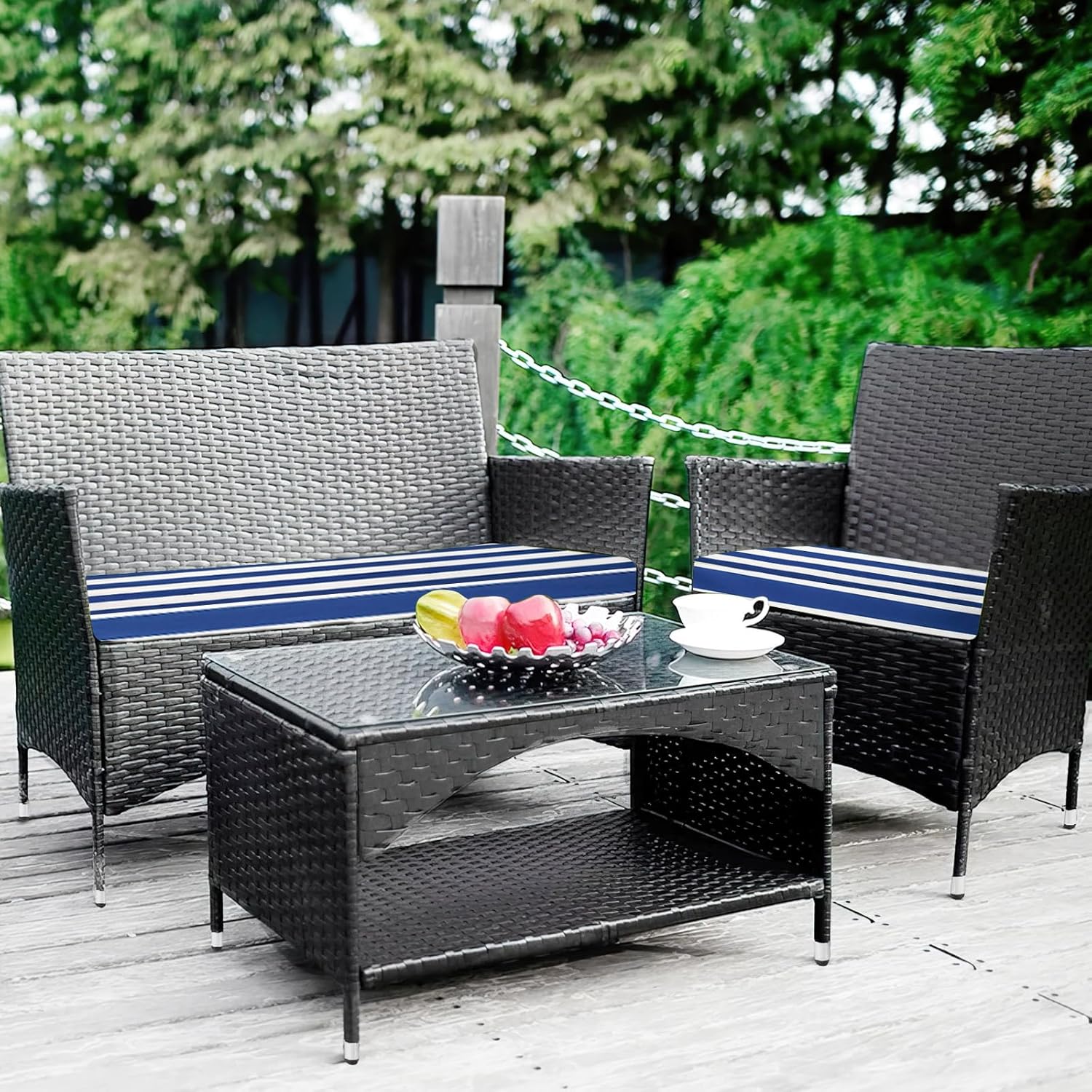 Outdoor Patio Furniture Cushion Covers, Waterproof Replacement Covers for 4-Piece Rattan Chair Wicker Furniture Set Blue and White Striped 3Pack 36x18 and 18x18 inches Cover Only