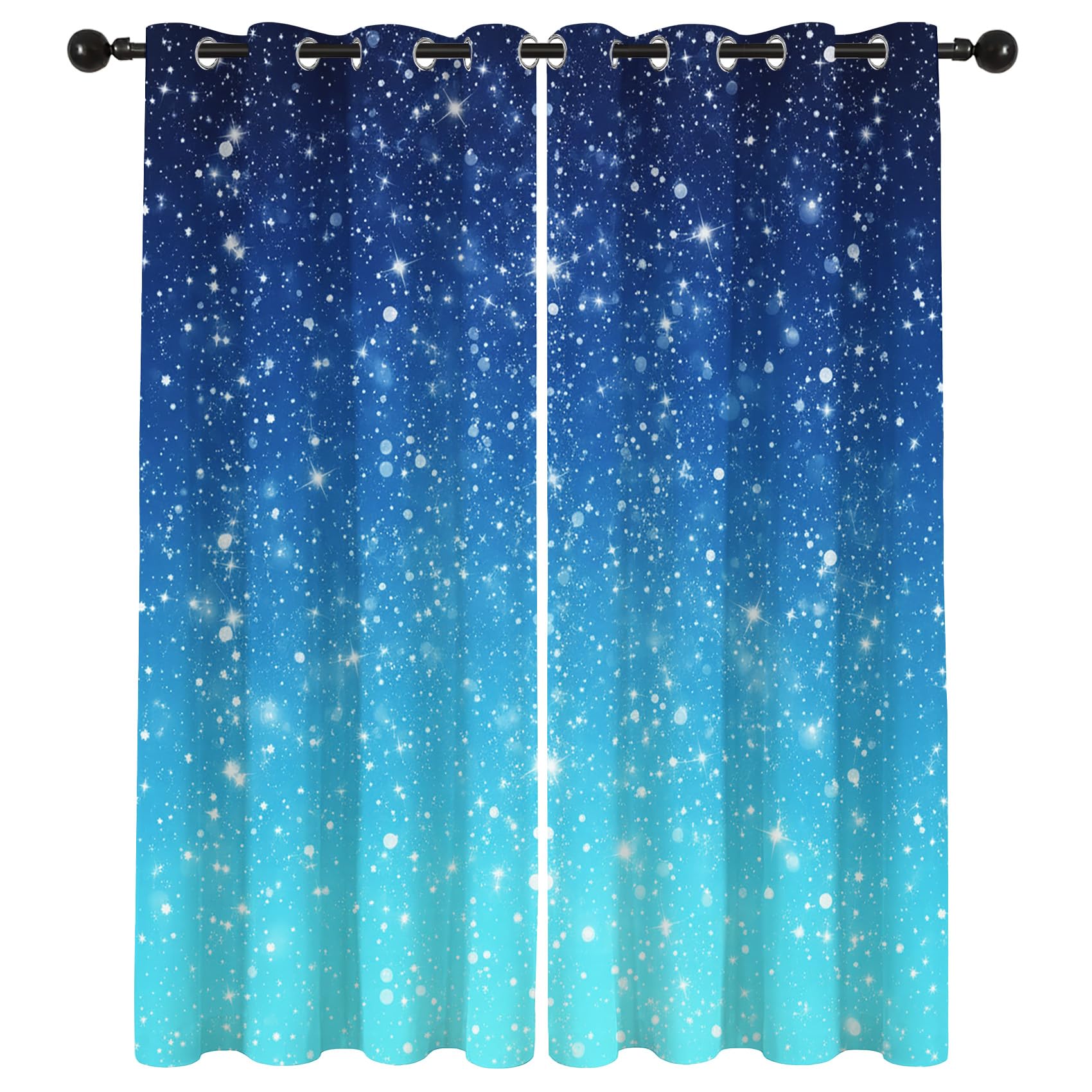 Glitzer Sternenhimmel Vorhänge Blickdicht mit ösen Blau Gardinen Galaxy Muster Gardinen Wohnzimmer Verdunklungsvorhänge für Schlafzimmer Fenster Vorhang 200 cm Lang 2er Set