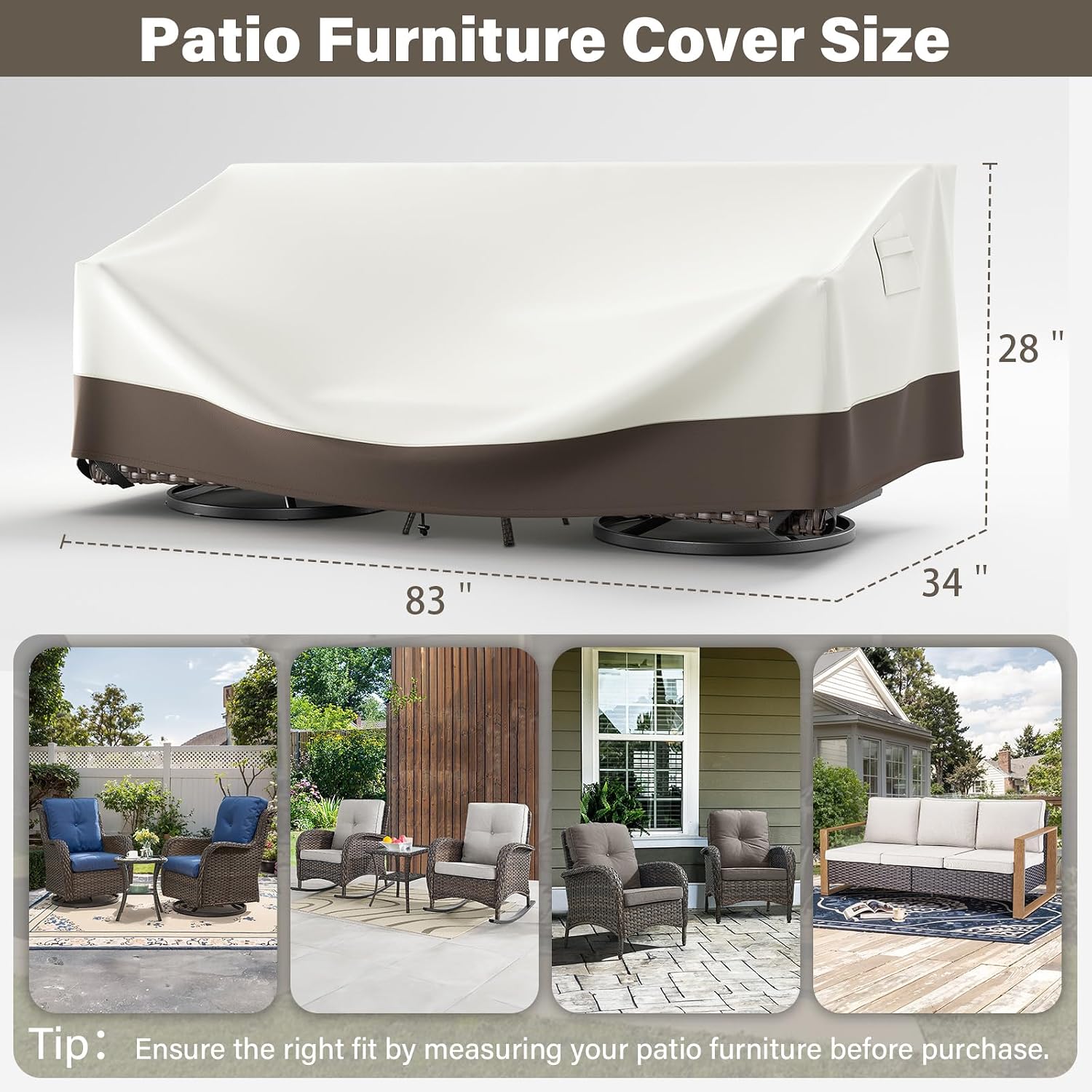 Belord Waterproof Outdoor Furniture Cover - 600D High Density Oxford Fabric Patio Furniture Covers with Windproof Buckle Straps, Beige Patio Table Chairs Sofa Cover up to 83L x 34W x 28H Inches