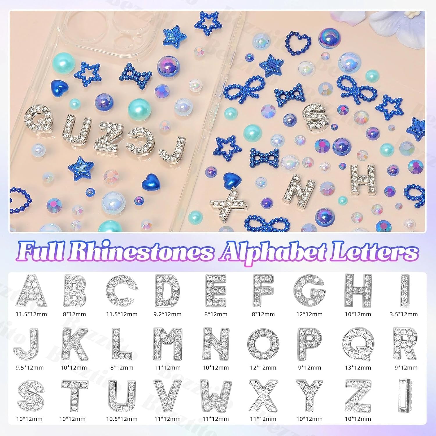 A-Z Alphabet Letter Flatback Pearl and Rhinestone Kit, Blue Junk Phone Case Charms, Mixed Bow Heart Pearls Flatback Resin Charms Letter Junk Cases Bedazzling Rhinestones Kit for DIY Crafts S9
