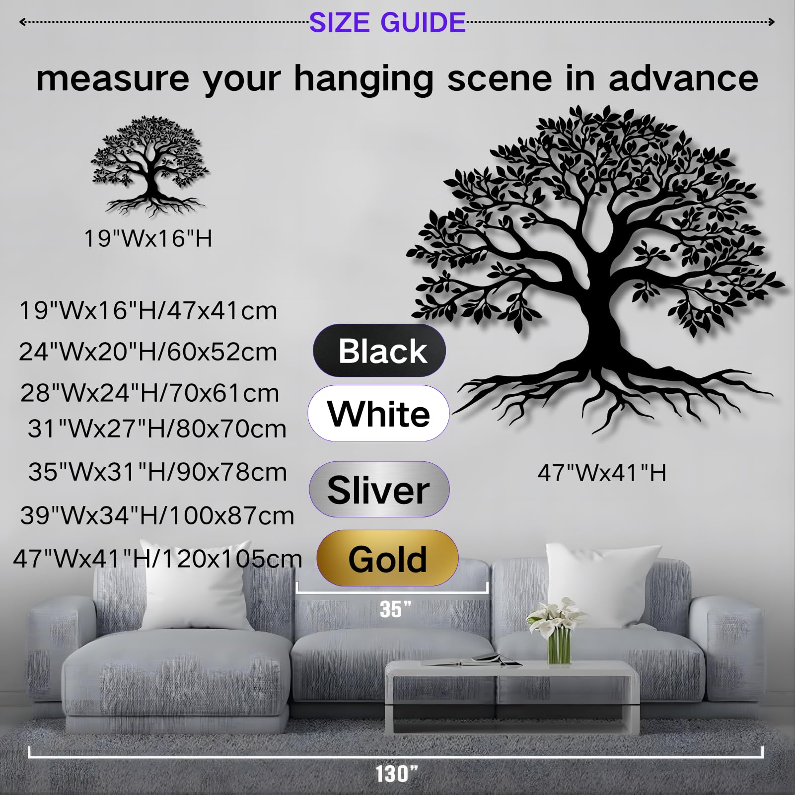 Árbol de la Vida, Arte de Metal 3D, decoración de Pared Grande, Letrero para Sala de Estar, Dormitorio, Interior, Exterior, jardín, hogar (Negro, 47 x 41 cm)