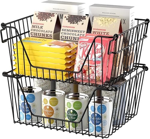 Miniatura 5 de SANNO Cestas apilables de alambre negras apilables para almacenamiento de verduras, despensa, refrigerador y organización de baño, paquete de 3