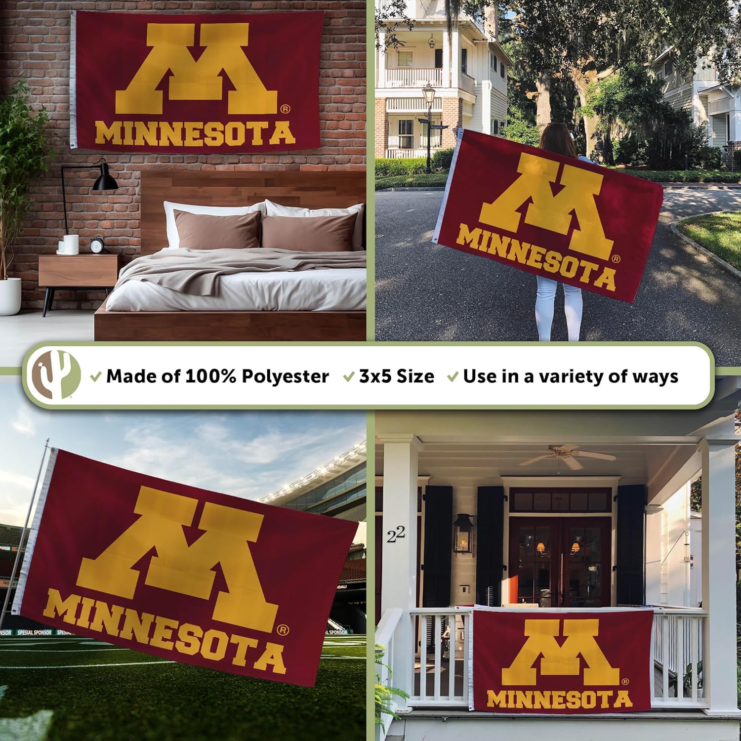 Desert Cactus University of Minnesota UM Flag - 3 x 5 Feet Golden Gophers Banner, Indoor/Outdoor Durable Fabric, 100% Polyester Design (Style A) - Image 3