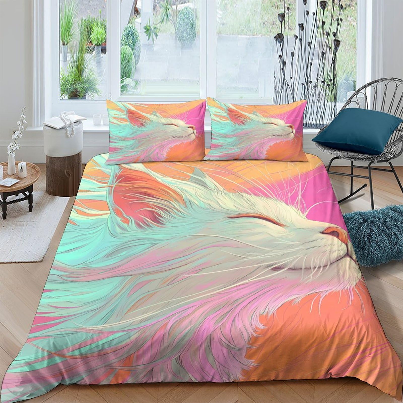Ctjqhvkz Style-10 3D Printed Dreamy Cat Fitted Sheet Microfiber Soft Pastel Orange Pink Artistic Mattress Cover Bedroom Decor Single（135X200cm）