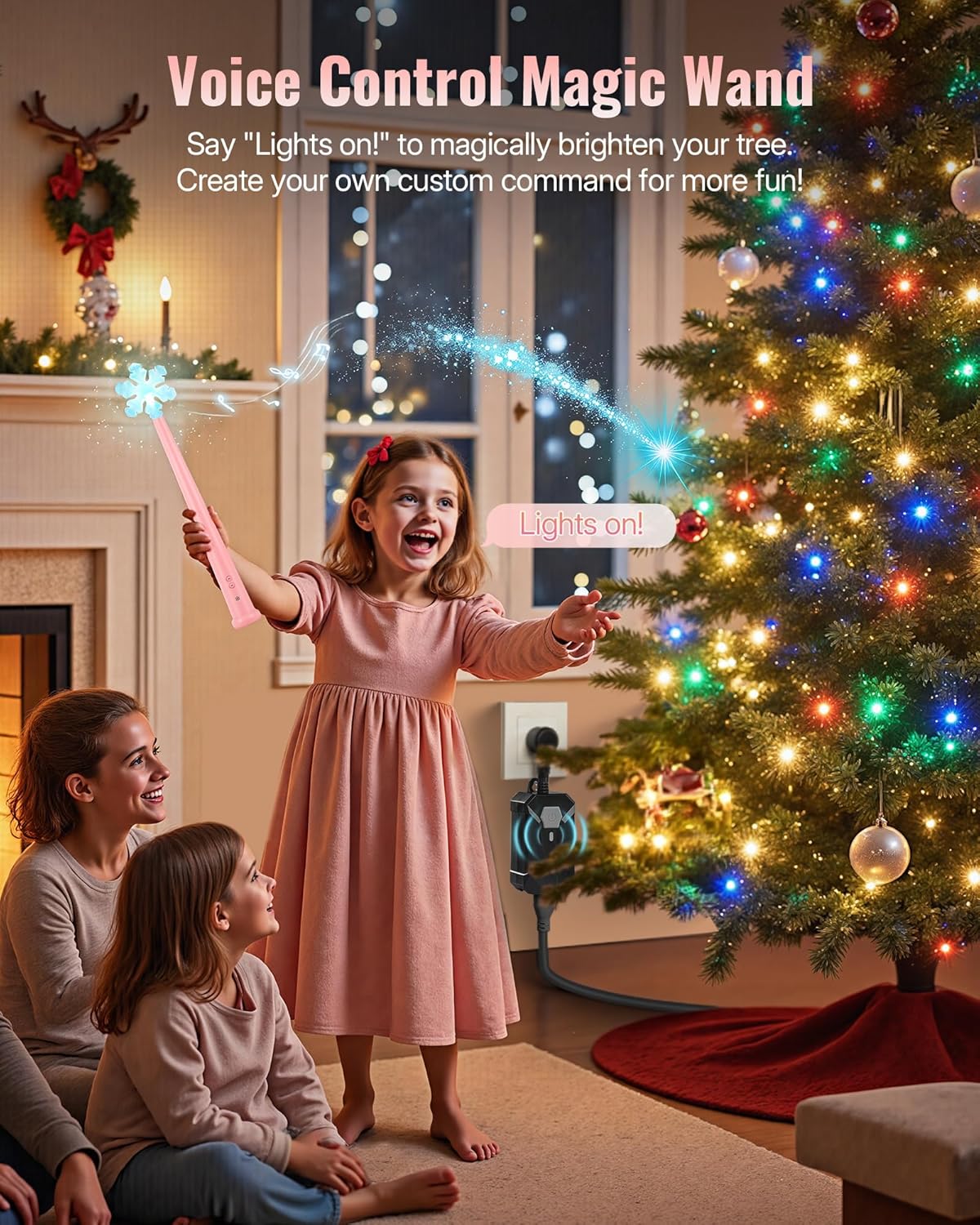 Voice Activated Remote Control Outlet for Christmas Tree Lights, Magic Christmas Light Wand with Music, Voice Control Wireless Remote Switch for Decoration Light, Ornament, Pink